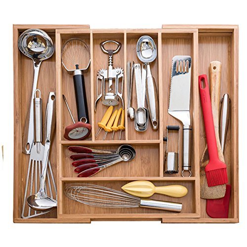Expandable Bamboo Drawer Organizer for Utensils & Cutlery - Kitchen Storage Solution for Knives, Forks, Spoons & Cooking Tools - Perfect for Home, RV & Office Organization