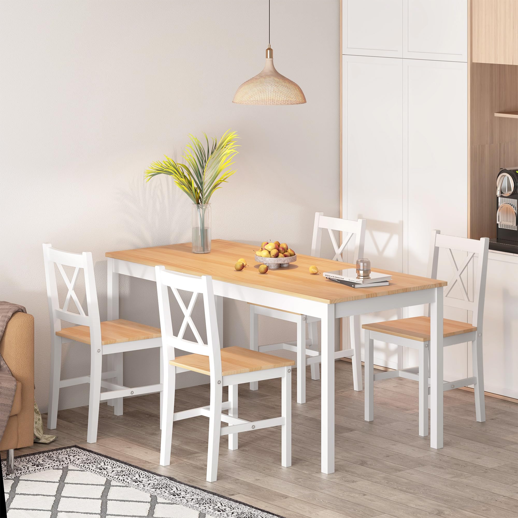 Soges 5-Piece White & Oak Dining Table Set - 47.2 Inch Pine Wood Rectangular Kitchen Table with 4 Chairs - Perfect for Small Kitchens, Dining Rooms, and Breakfast Nooks