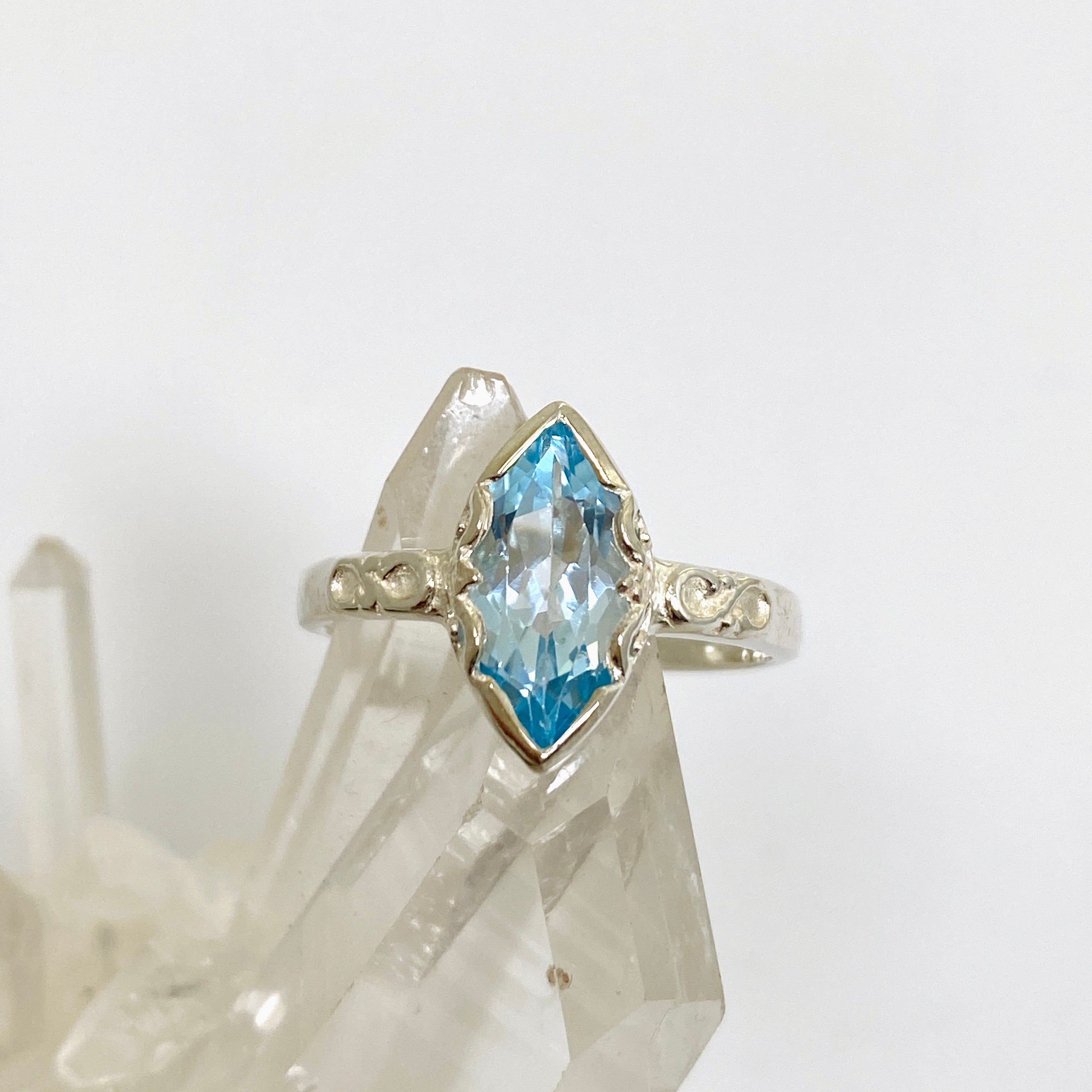 Blue Topaz Marquise Cut Ring with Decorative Setting R3726 – Elegant Jewelry for Weddings, Parties & Special Occasions