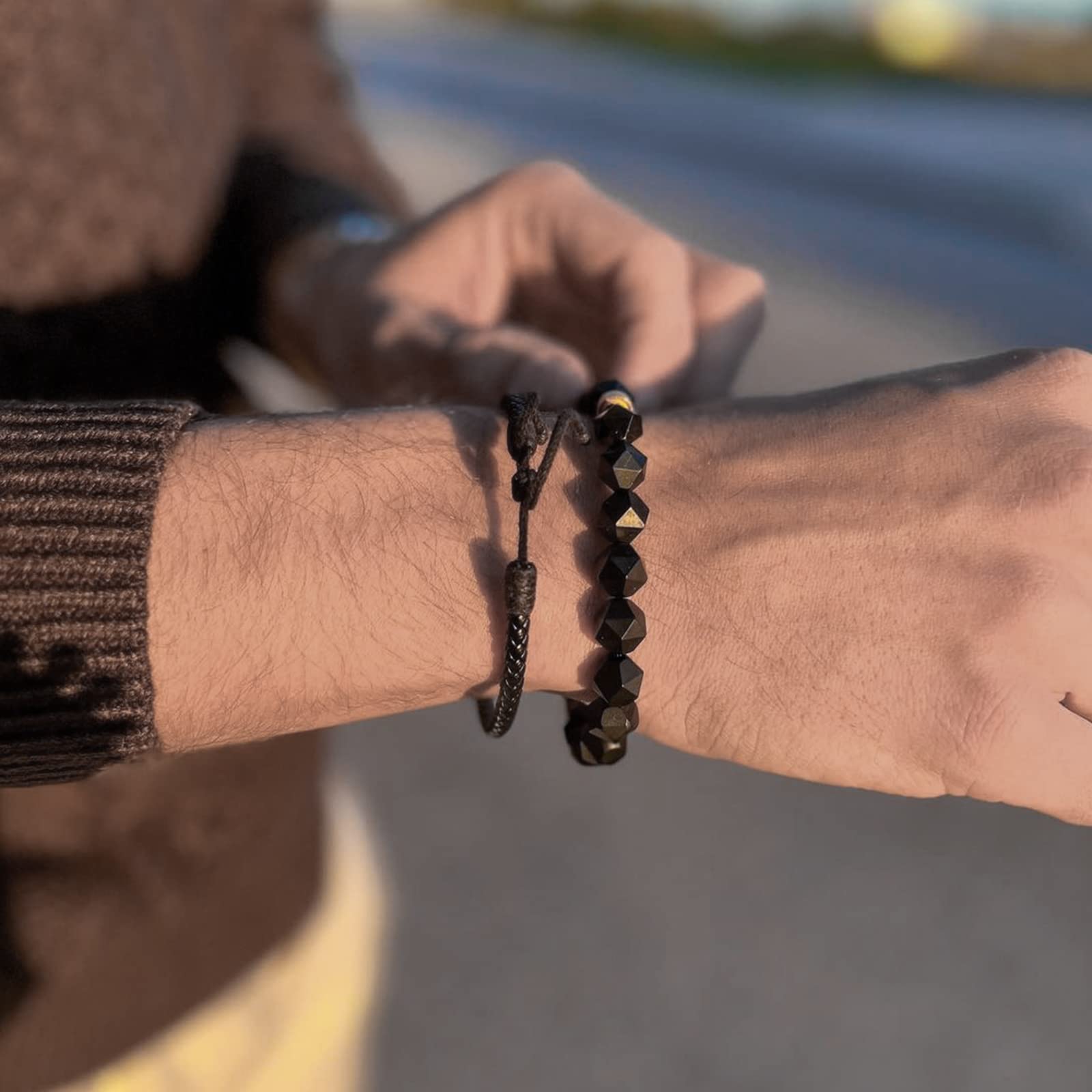 Men's Beaded Bracelet with Tiger Eye, Onyx & Obsidian Natural Gemstones (10mm) - Premium Sterling Silver Protection Charm, Handmade Stretch Bracelet Gift for Men (5.9''-8'') - Perfect for Yoga, Meditation & Spiritual Healing