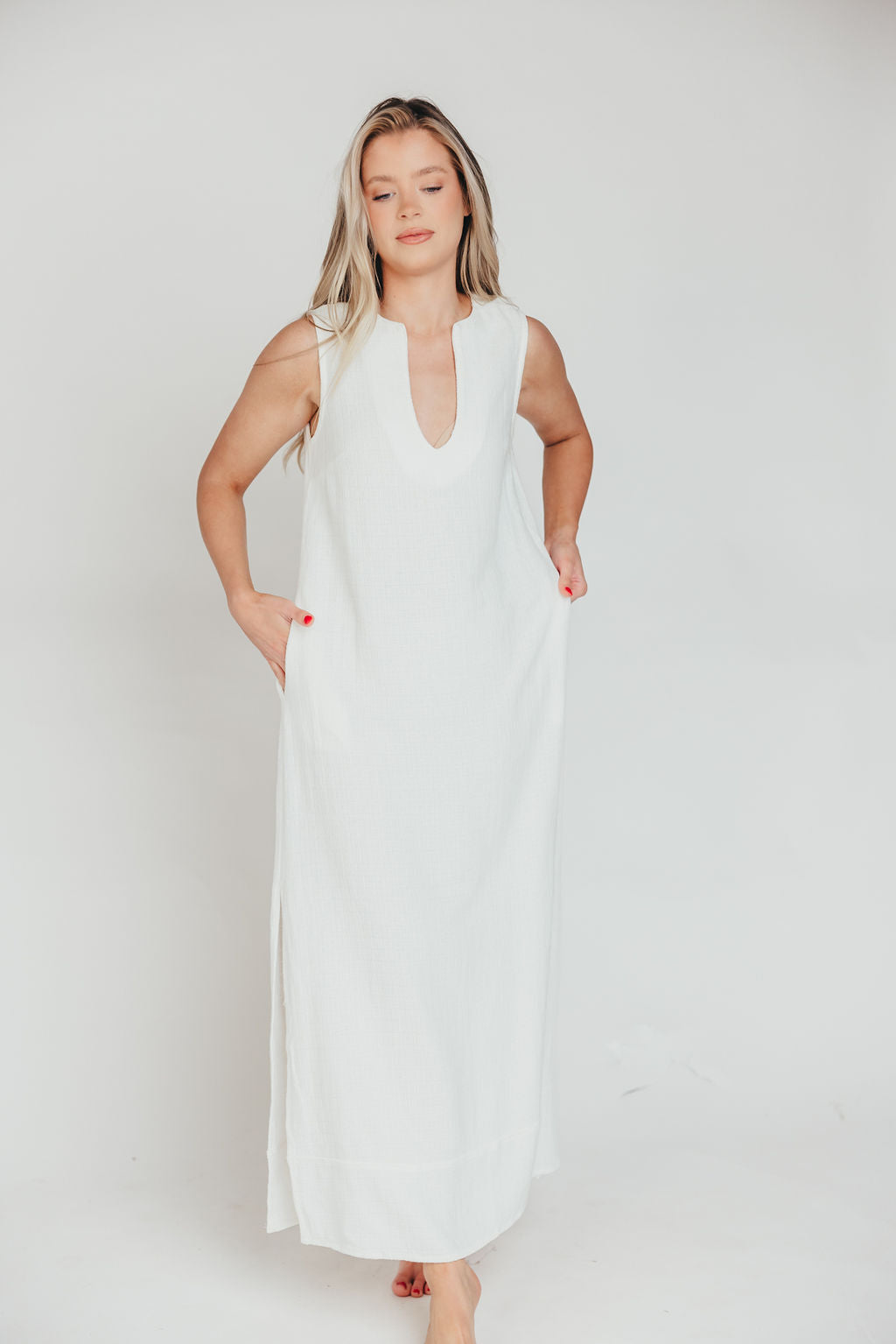 How Sweet It Is Sleeveless Linen Blend Maxi Dress in Ivory - Bump Friendly Maternity Wear for Summer Beach Vacations & Outdoor Weddings