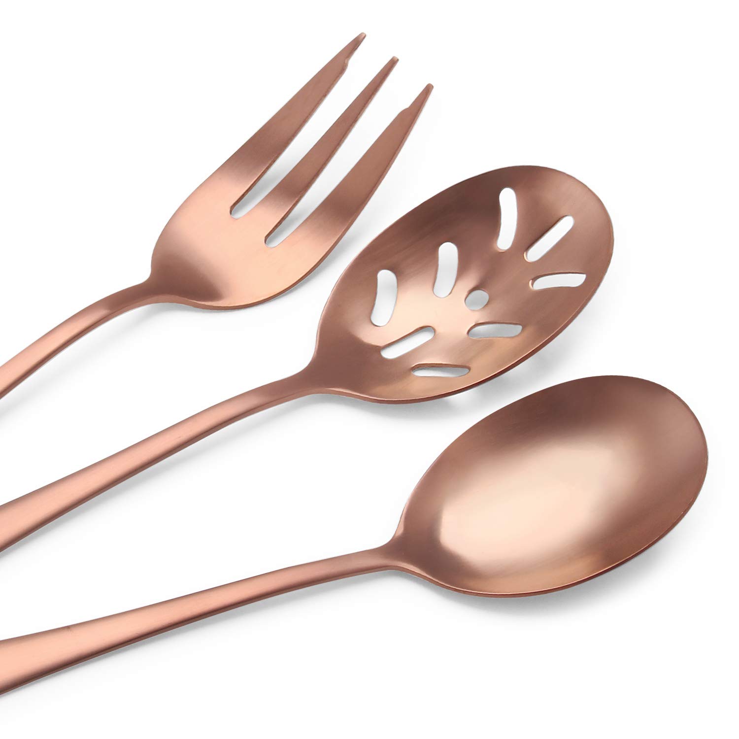 SHARECOOK Matte Rose Gold 5-Piece Stainless Steel Serving Set - 18/0 Hostess Utensils with Round Edge & Satin Finish (Spoons, Forks, Butter Knife & Slotted Spoon) | Dishwasher Safe | Perfect for Dinner Parties, Buffets & Elegant Table Settings
