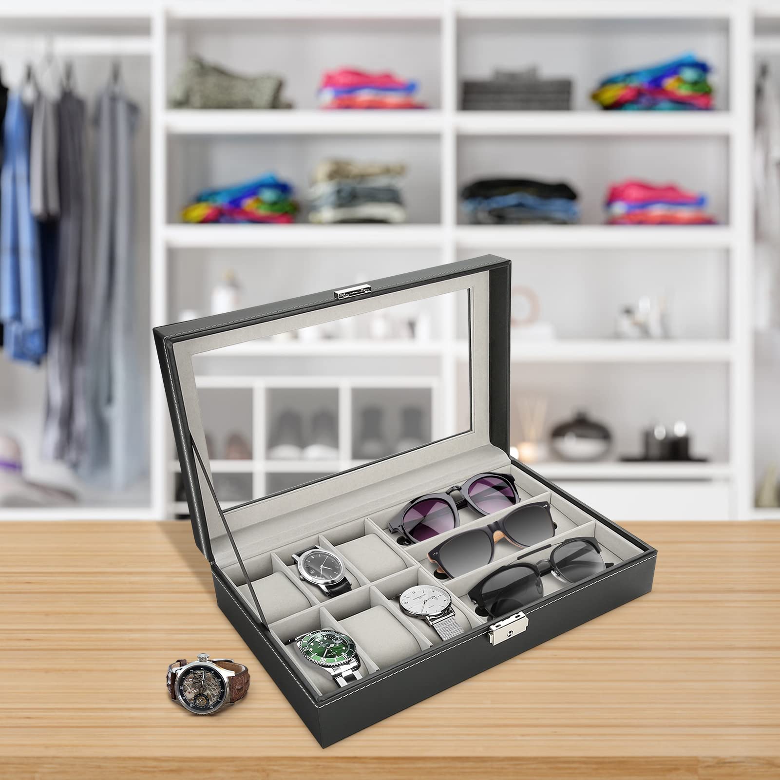 Premium PU Leather Glasses & Watch Organizer Box with Clear Lid - 3 Grids for Eyewear & 6 Slots for Watches - Jewelry Storage Display Case for Men & Women (12.99×7.87×3.14 Inch) - Perfect for Travel, Home & Office Organization