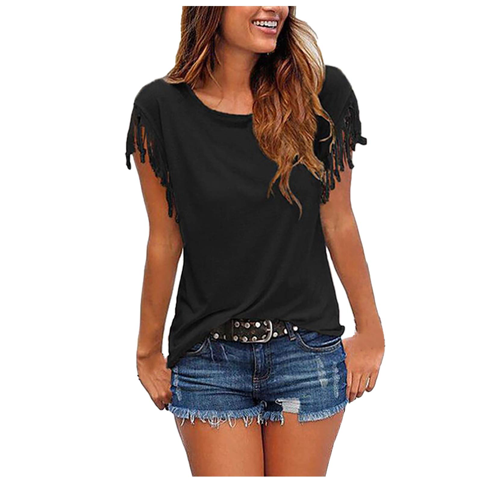 Women's Casual Short Sleeve T-Shirts - Loose Fit Crewneck Blouse with Tassel Sleeves | Comfortable Solid Color Summer Tops for Everyday Wear, Outings & Office