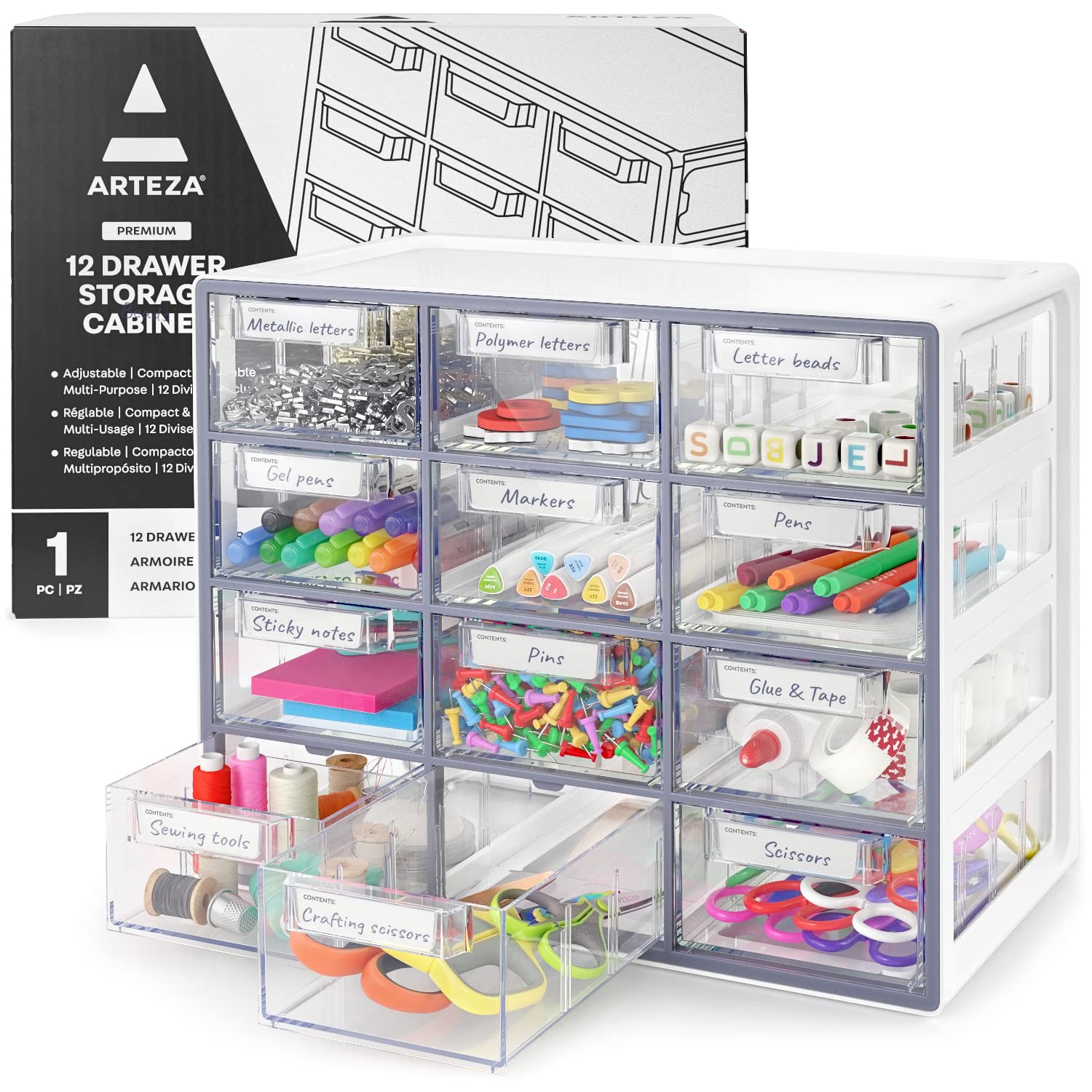 Arteza 12-Drawer Desk Organizer Cabinet - Multipurpose Storage for Makeup, Art Supplies & Tools (9.21