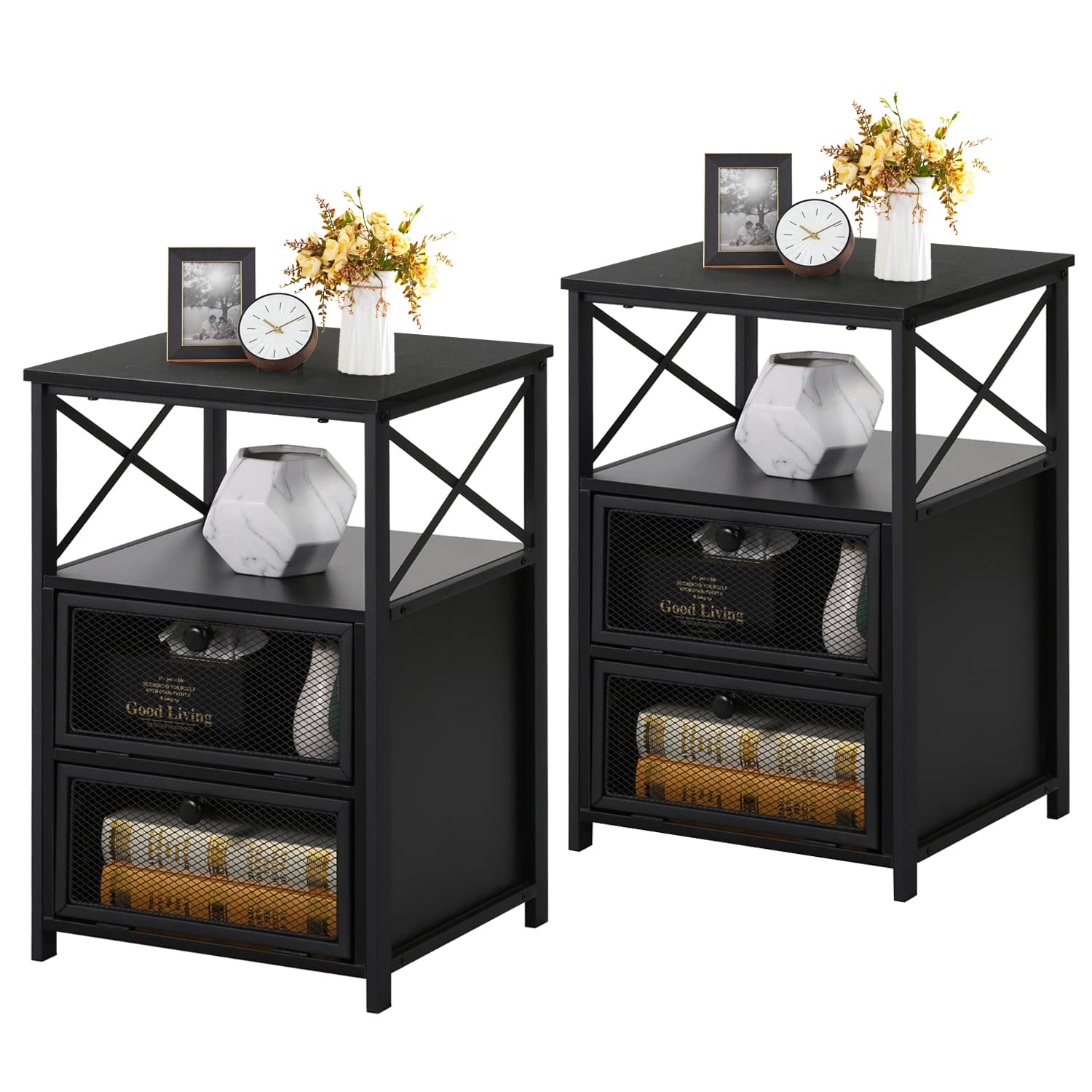 VECELO Nightstands Set of 2 - Modern Bedside Tables with Drawer & Storage Shelf, Antique Black - Perfect for Bedroom, Living Room & Lounge (2-Piece Set)