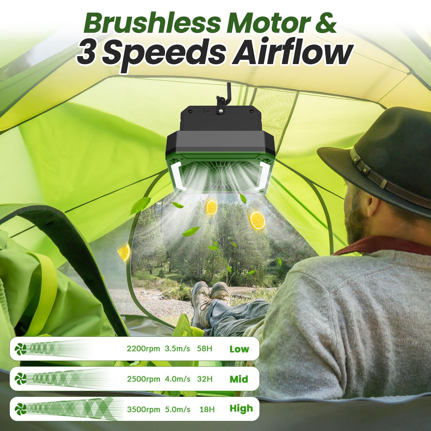20000mAh Solar Powered Camping Fan with LED Lantern - Portable Rechargeable Fan with 3 Speed Settings, USB-C Charging, Timer & Hanging Hook - Ultra Quiet Battery Operated Fan for Outdoor, Tent, Hurricane, Worksite, Office & Home Use (Green)