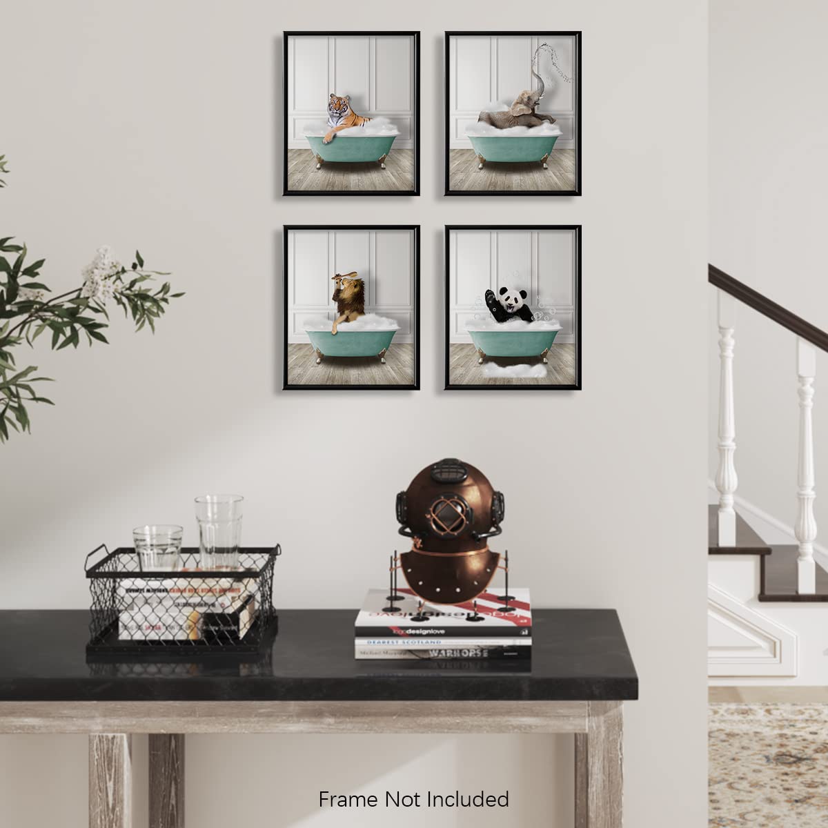 Funny Animal Wall Art for Bathroom - Elephant, Tiger, Panda & Lion Decor - Modern Powder Room Posters - Cute Bathroom Signs for Women & Kids - Unique Bath Wall Decor for Home, Nursery or Guest Bathroom