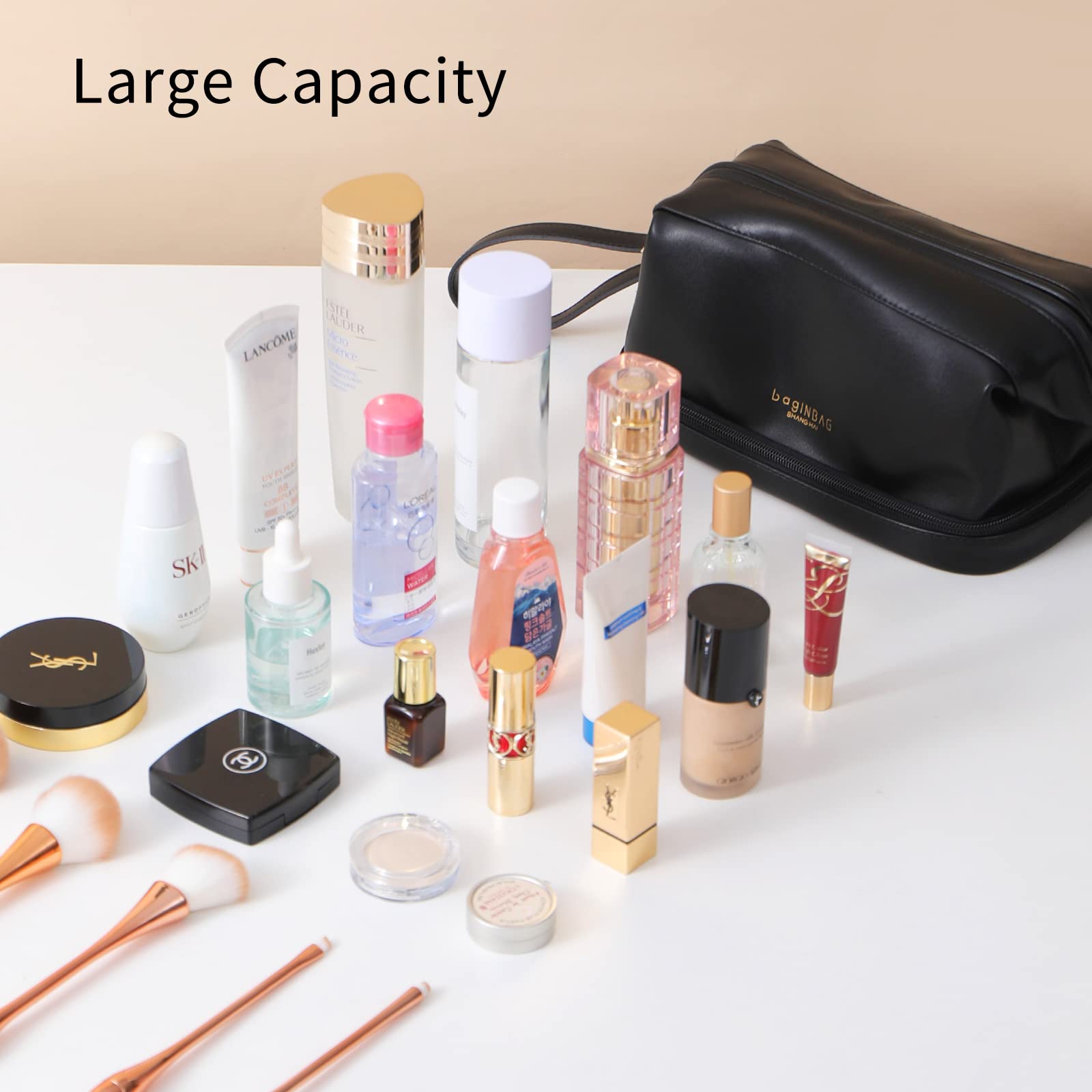 Double Layer Travel Makeup Bag with Handle - Large Waterproof Cosmetic Organizer with Brush Compartment for Women | Perfect for Travel, Gym & Everyday Use