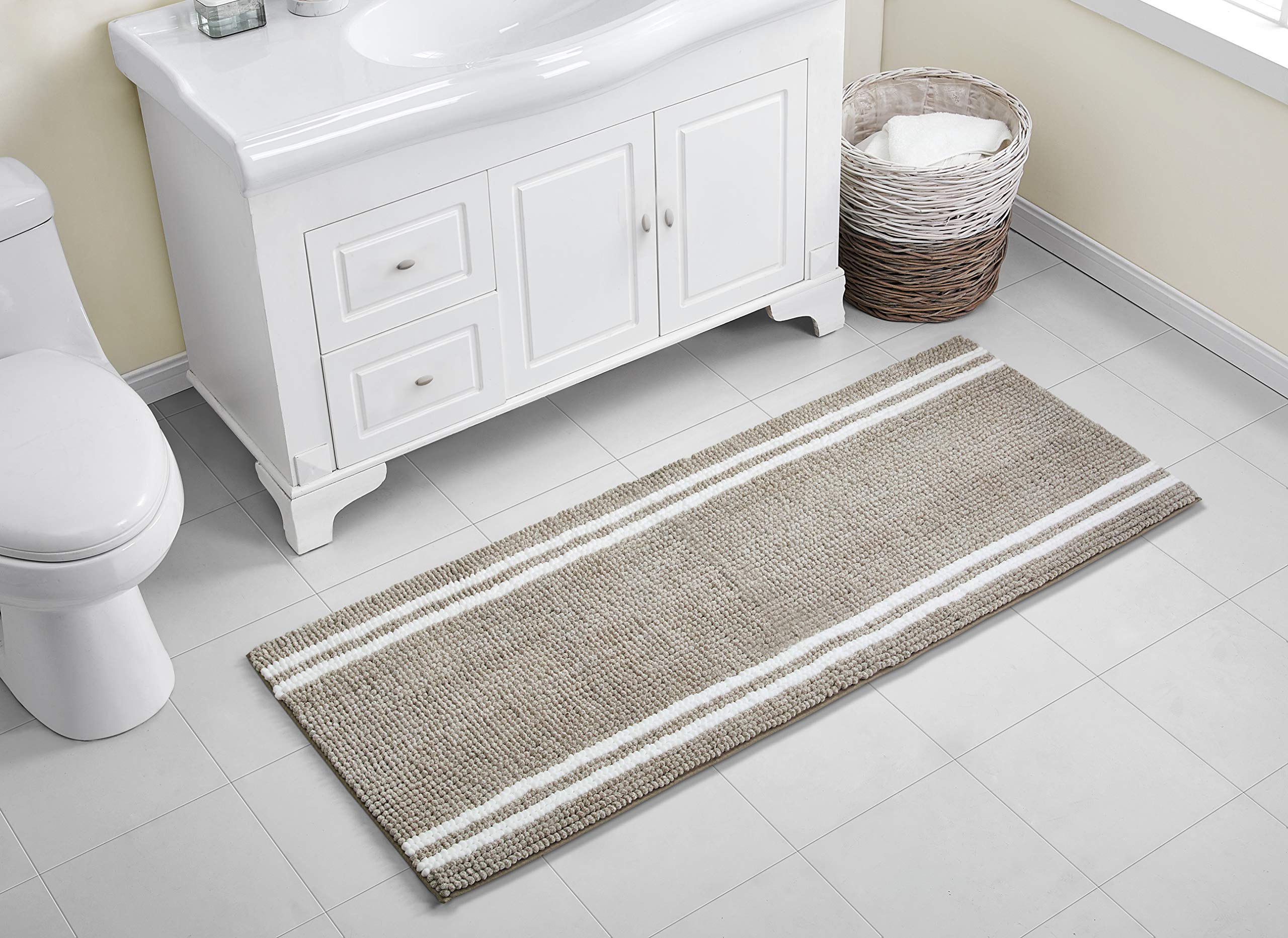 Premium VCNY Home Hotel Bath Rugs 24x60 Inches - Soft Absorbent Beige & White Striped Bathroom Mat - Perfect for Bathroom, Spa, Hotel, and Guest Room Decor