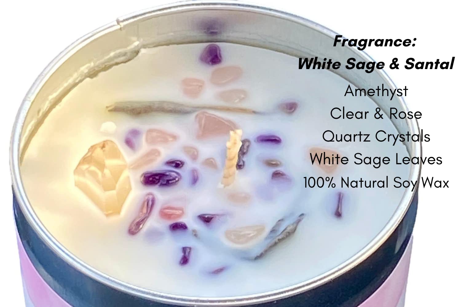 Natural Soy Wax Smudge Candle with White Sage, Sandalwood, Rose Quartz & Amethyst Crystals - 7.8 oz Aromatherapy Candle with Essential Oils (Rose & White) for Meditation, Yoga & Spiritual Cleansing