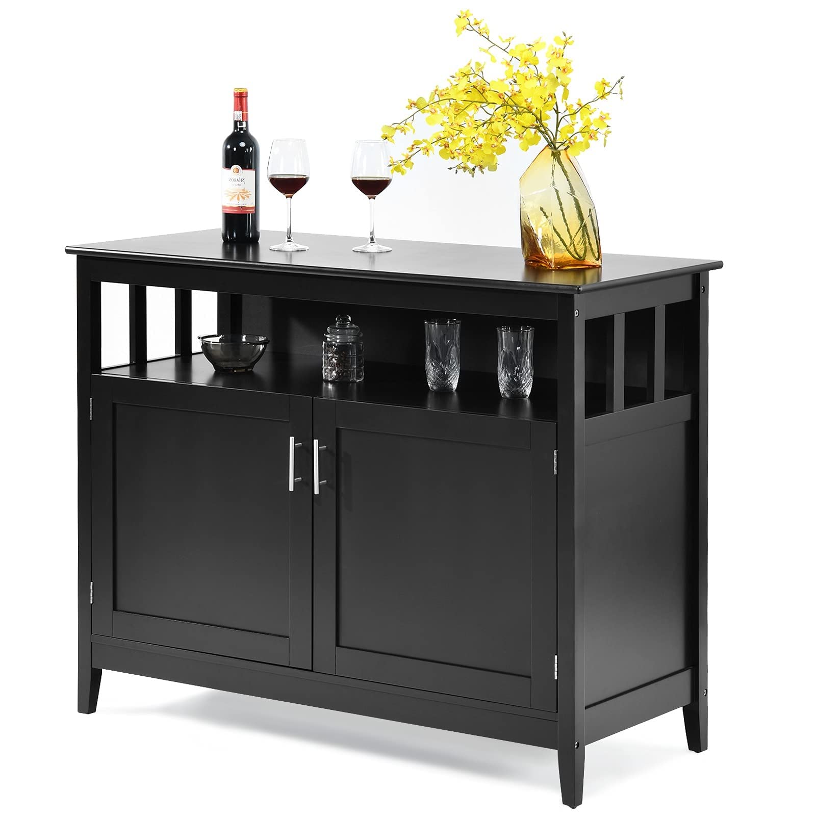 Modern Kitchen Storage Sideboard Buffet Cabinet with Open & Adjustable Shelves - Space Saving Organizer for Kitchen, Living Room & Dining Room - Perfect for Small Spaces & Home Decor (Black)