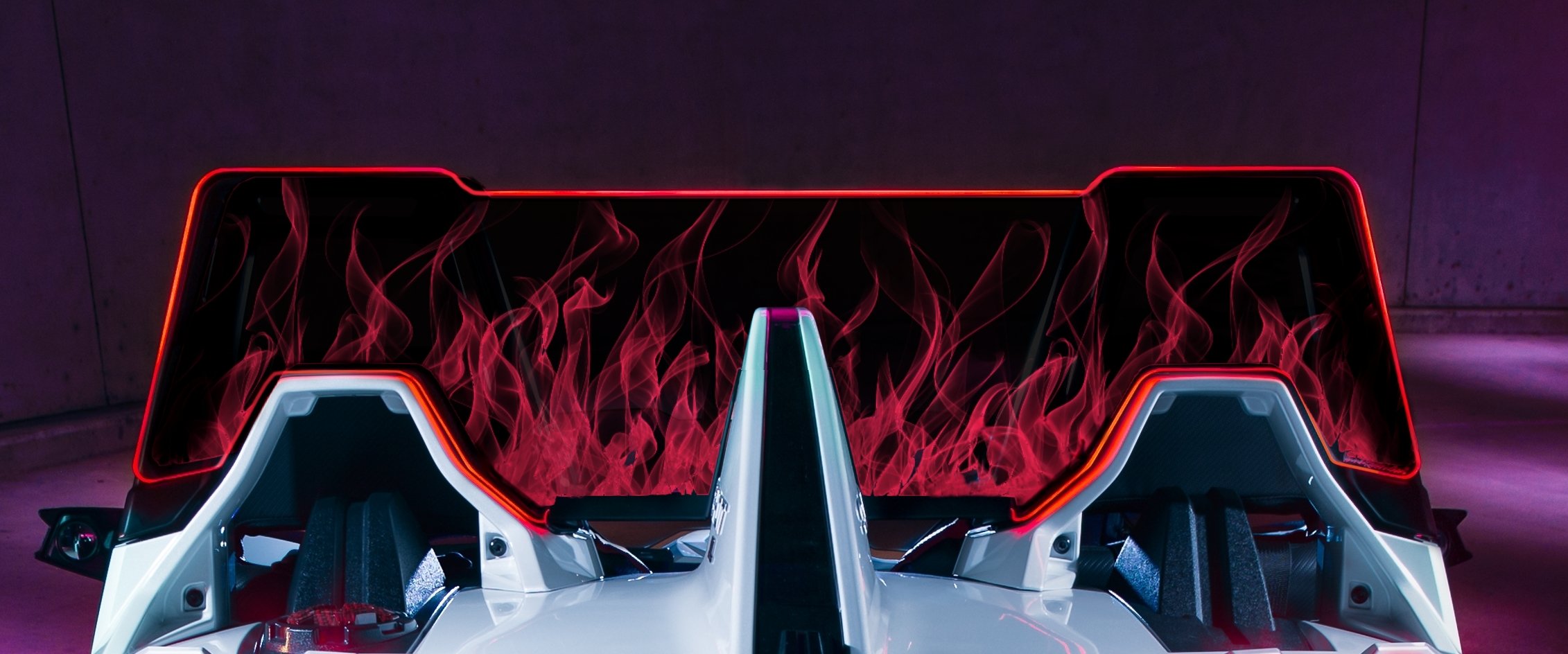 Polaris Slingshot Wind Deflector & Rear Windshield with Flames Laser Graphic - Multi-Color LED Lights with Dimmer Remote - Bundle Deal for Roadster Protection & Style | Perfect for Highway Cruising & Night Driving