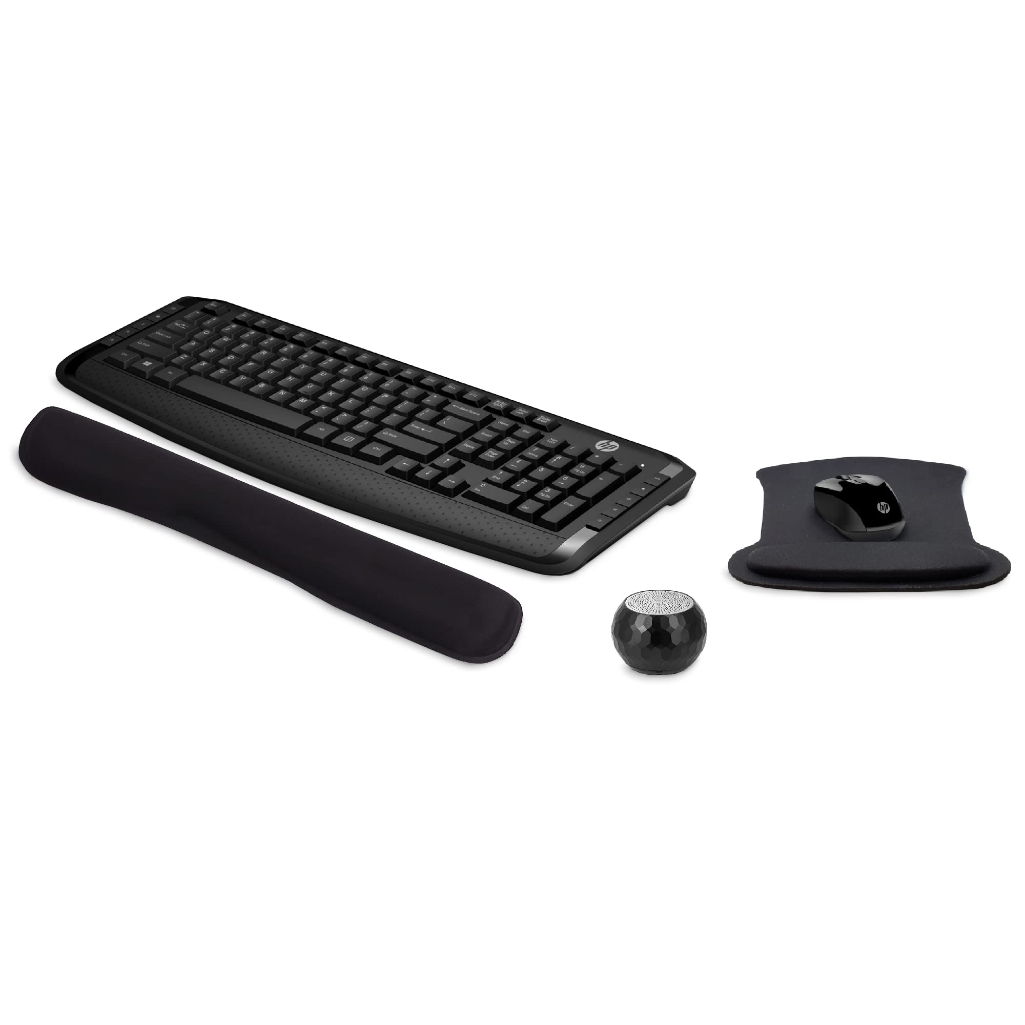 HP Wireless Keyboard & Mouse 300 Combo - Ergonomic PC Accessories Bundle with Comfort Gel Mouse Pad, Wrist Support & Portable Bluetooth Speaker | Built-in Mic, Remote Selfie Button | Perfect for Home Office, Gaming & Remote Work