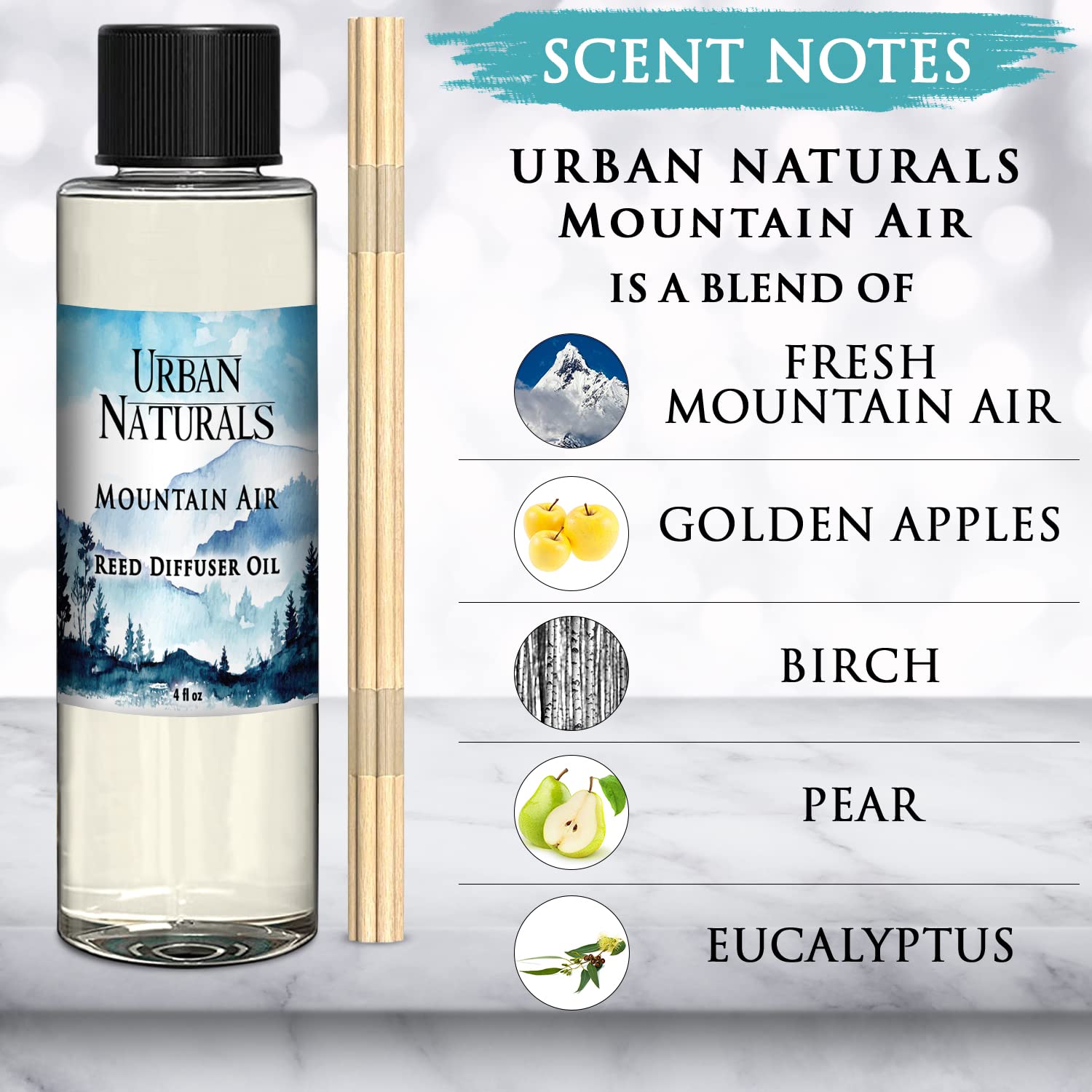 Urban Naturals Mountain Air Scented Oil Reed Diffuser Refill - 4 oz | Fresh Herbs, Birch, Pear, Sage & Amber Fragrance | Includes Free Reed Sticks | Home & Office Aromatherapy for Relaxation & Stress Relief