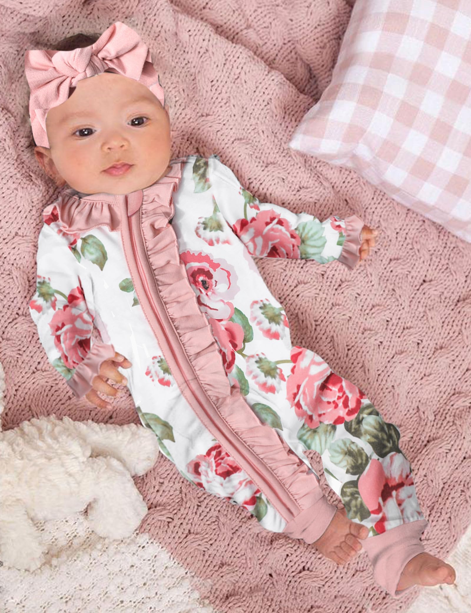Adorable Newborn Baby Girl Outfits - Soft Long Sleeve Ruffle Onesies with Matching Headband | Perfect for Photoshoots, Special Occasions & Everyday Wear