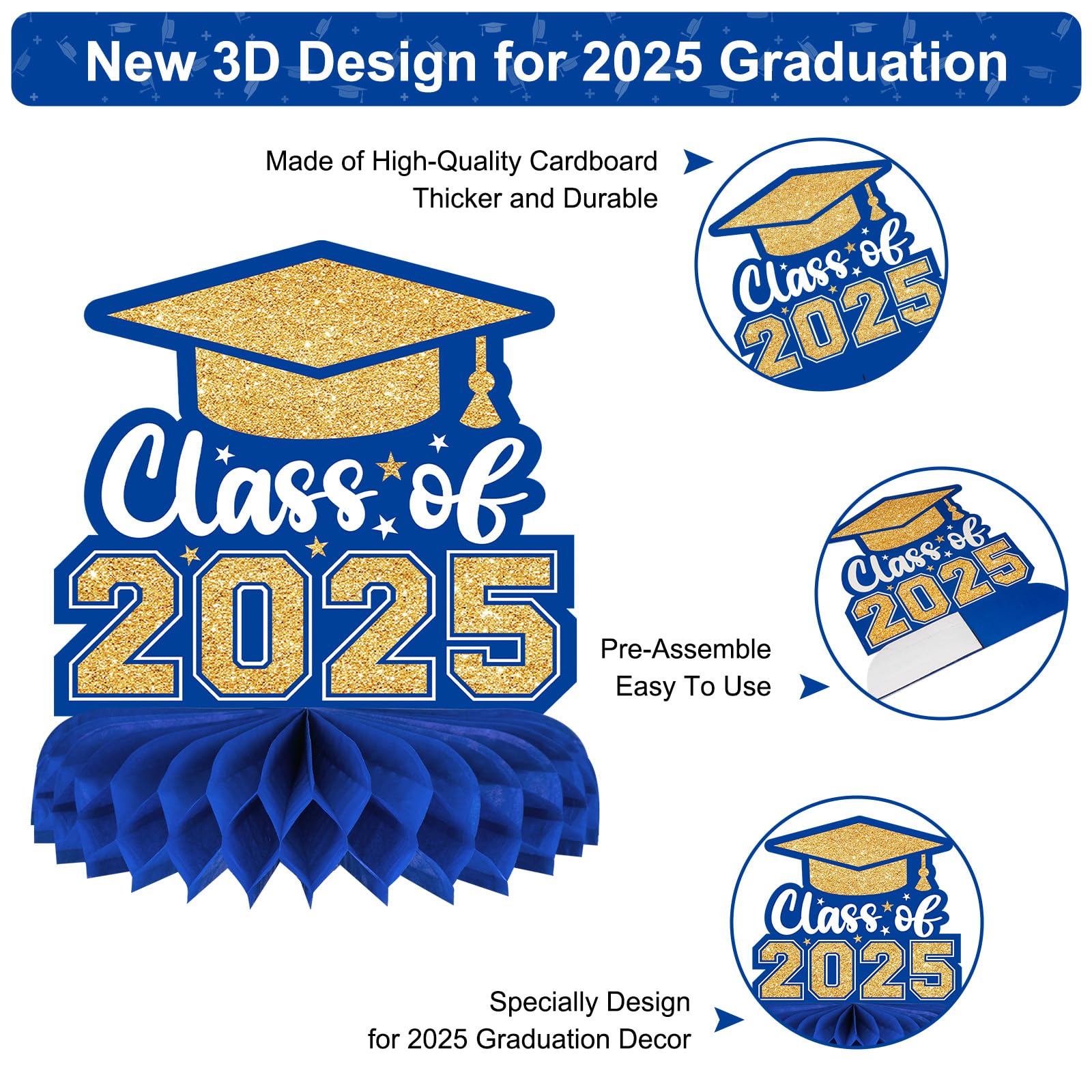 8-Piece Class of 2025 Graduation Decor Set - Blue & Gold Honeycomb Centerpieces, Table Toppers for 2025 Grad Party | Perfect for Graduation Ceremony Decorations, Senior Night, and College Celebration Decor