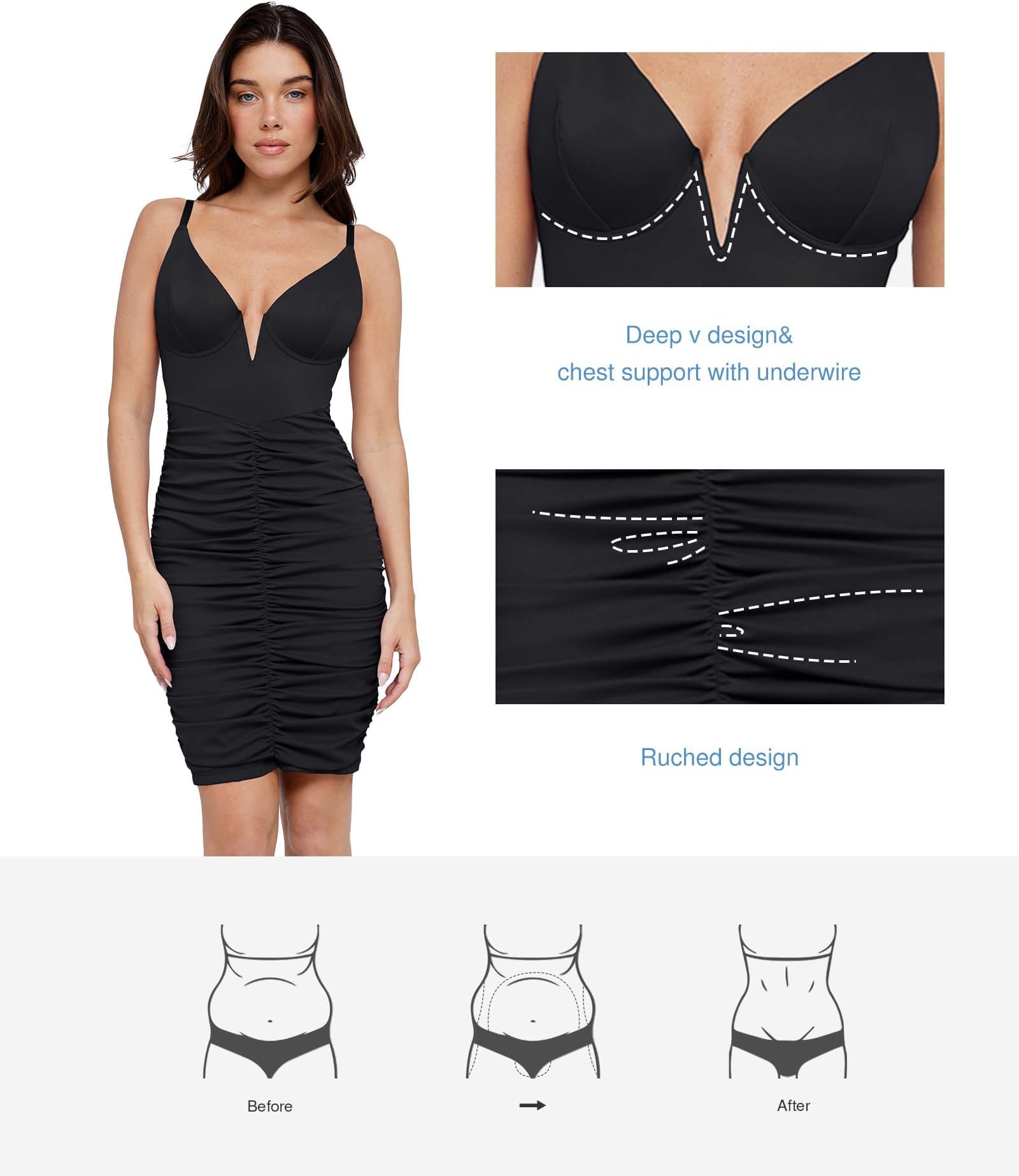 Popilush Corset Midi Dress for Women - Deep V-Neck Adjustable Straps Summer Bodycon Dress with Tummy Control & Built-in Shapewear | Perfect for Date Night, Cocktail Parties & Special Occasions