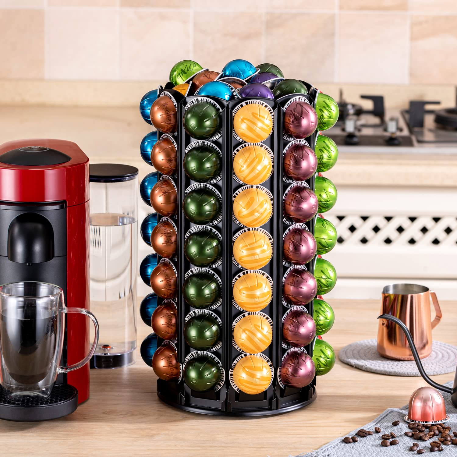 FlagShip 360° Rotating Coffee Pod Holder for Nespresso Vertuo – Silent Rolling Carousel with Extra Storage Space (Holds 100+ Pods) – Perfect for Kitchen Countertops & Office Coffee Stations