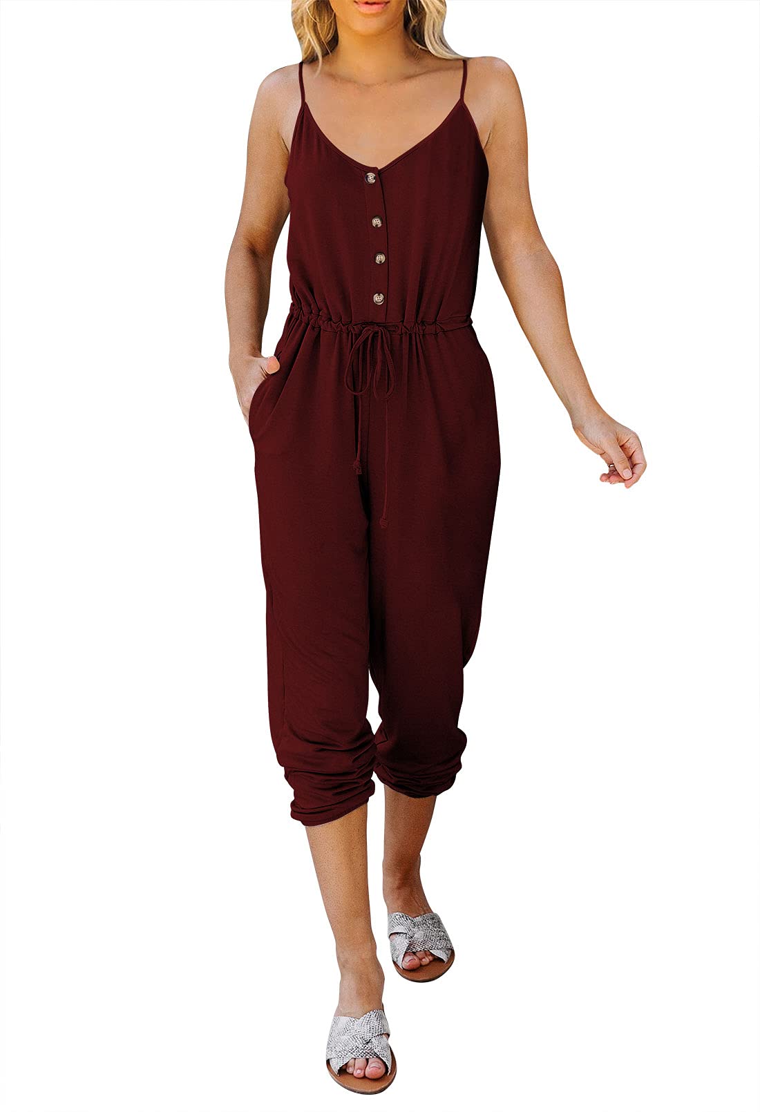 Selowin Women's V-Neck Jumpsuit with Button Front & Drawstring Waist - Casual Summer Romper for Beach, Travel, and Everyday Wear