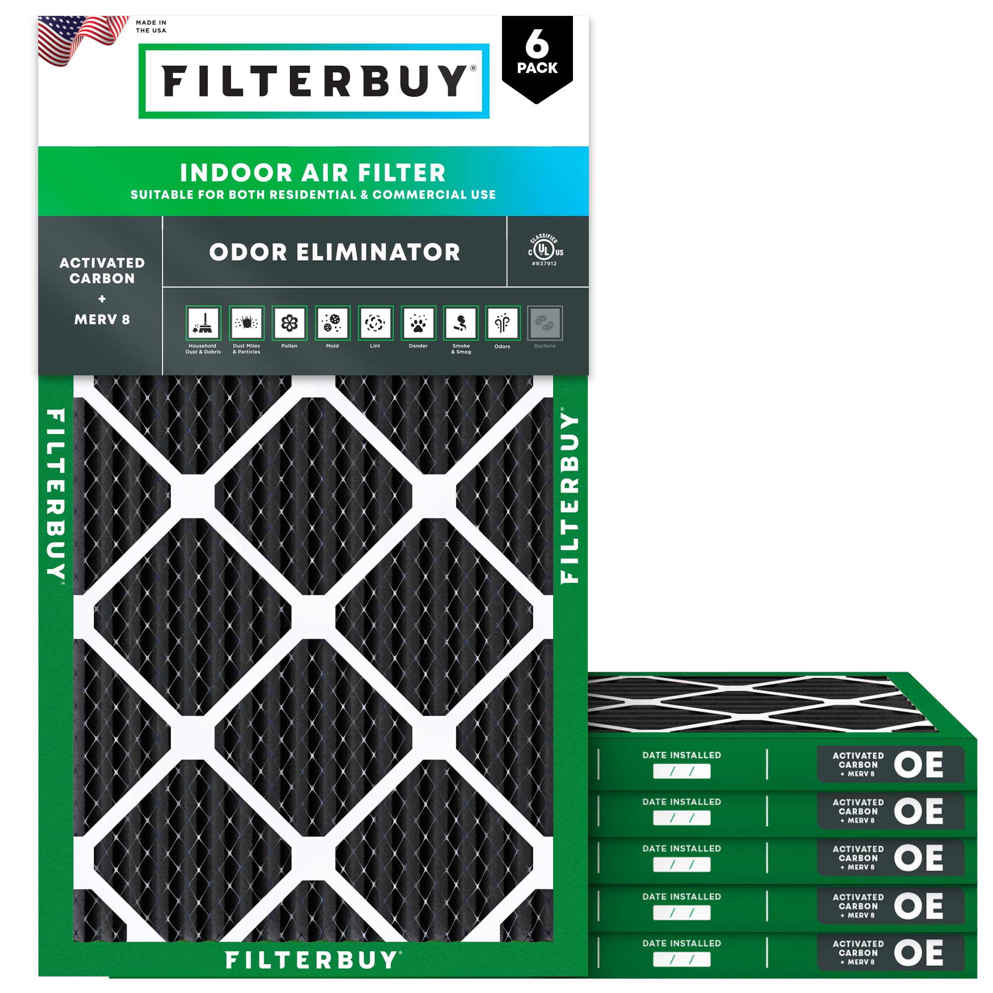 Filterbuy 12x25x1 MERV 8 Pleated Air Filter with Activated Carbon - 6 Pack for HVAC, AC & Furnace - Odor Eliminator (Actual Size 11.75x24.75x0.75 Inches) - Perfect for Home, Office & Allergies Relief
