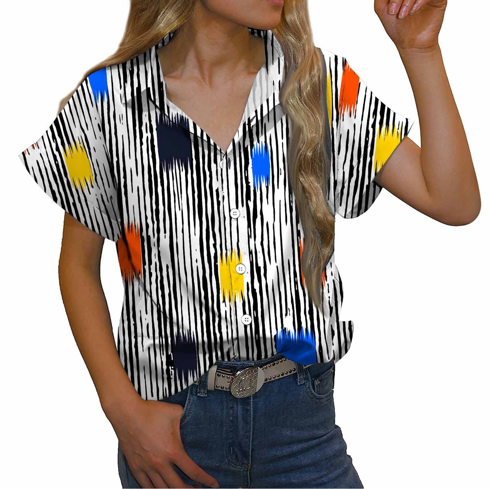 2022 Summer Women's Fashion Tops - Turndown Collar Printed Casual Short Sleeve Blouse Shirts | Perfect for Beach Outings, Office Wear & Daily Casual Style QZHE65KK