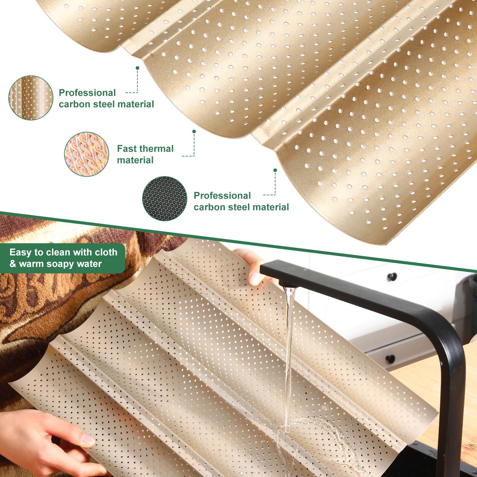6-Piece Non-Stick Baguette Pan Set - 15x13 Inch Carbon Steel Perforated Bread Mold with 4 Wave Loaves for Baking Sourdough & French Bread - Gold Finish | Perfect for Home Bakers & Professional Kitchens