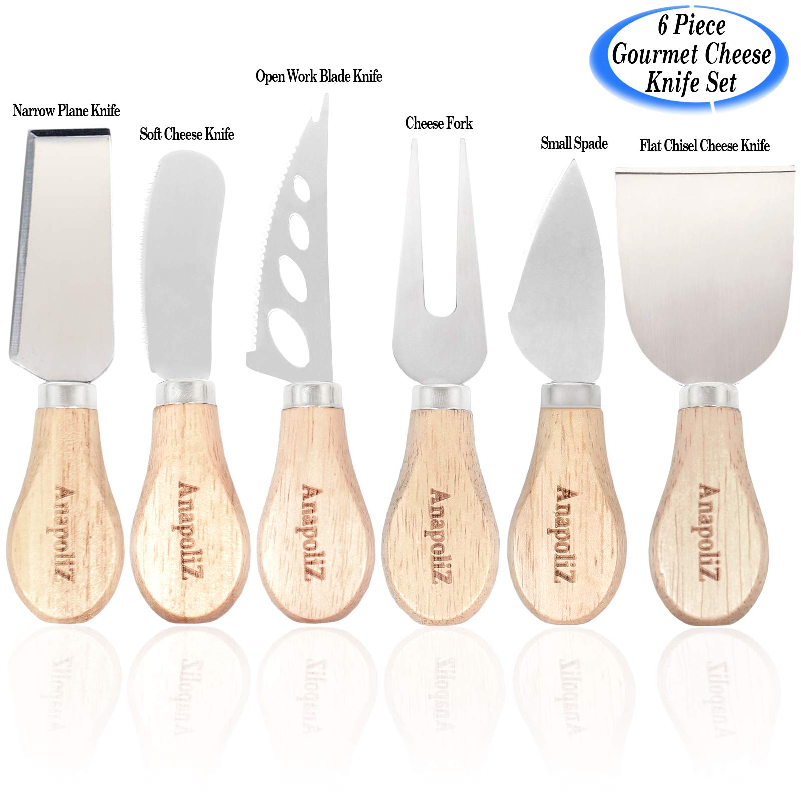 AnapoliZ 6-Piece Stainless Steel Cheese Knife Set with Wooden Handles - Includes Narrow Plane Knife, Cheese Fork, Small Spade, Spreader, Shaver & Open Work Blade - Perfect for Gourmet Cheese Boards, Wine Pairings & Dinner Parties