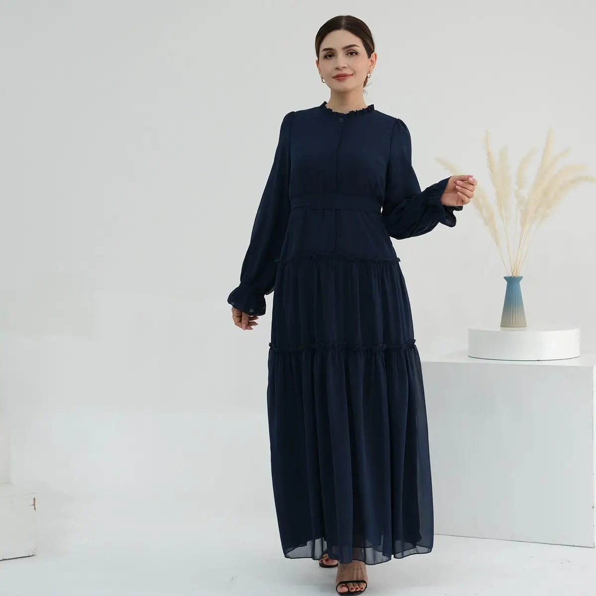 Elegant Muslim Women's Solid Color Chiffon Abaya Dress - Modest Islamic Prayer Dress for Mosque, Eid & Special Occasions