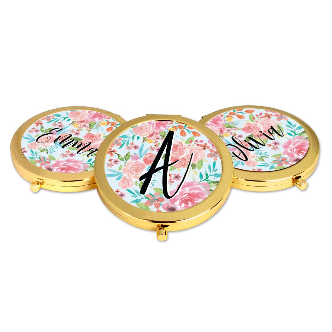Personalized Monogram Compact Mirror - Gold Letter A with Pink Floral Design - Perfect Bridesmaid Gift for Weddings, Bridal Showers & Bachelorette Parties - Elegant Tea Party Accessory - 1 Pack