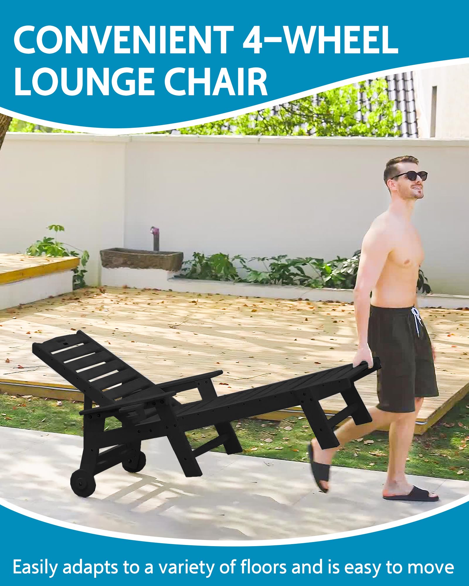 Outdoor Chaise Lounge Chair with Wheels - Oversized Patio Chair with Wood Texture - 5-Position Adjustable Plastic Sun Lounger for Pool, Beach, Deck & Backyard Relaxation | Perfect for Sunbathing, Reading & Outdoor Lounging