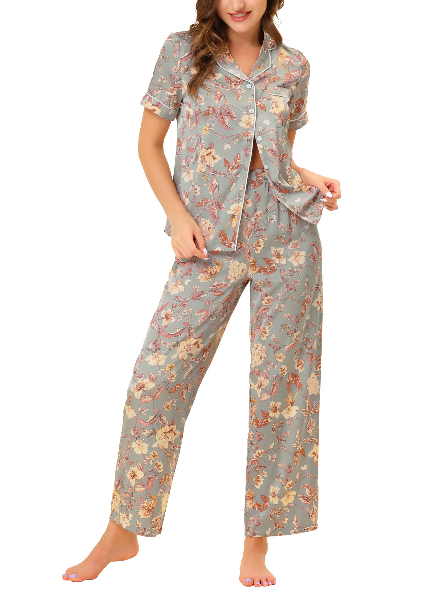 Cheibear Women's Satin Floral Summer Short Sleeve Button Down Top & Pants Lounge Pajama Set - Comfortable Sleepwear for Nightwear, Loungewear & Vacation Outfits