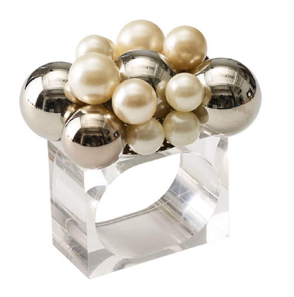 Kim Seybert Pearl and Silver Napkin Rings - Elegant Table Setting for 4 - Perfect for Weddings, Dinner Parties & Holiday Decor