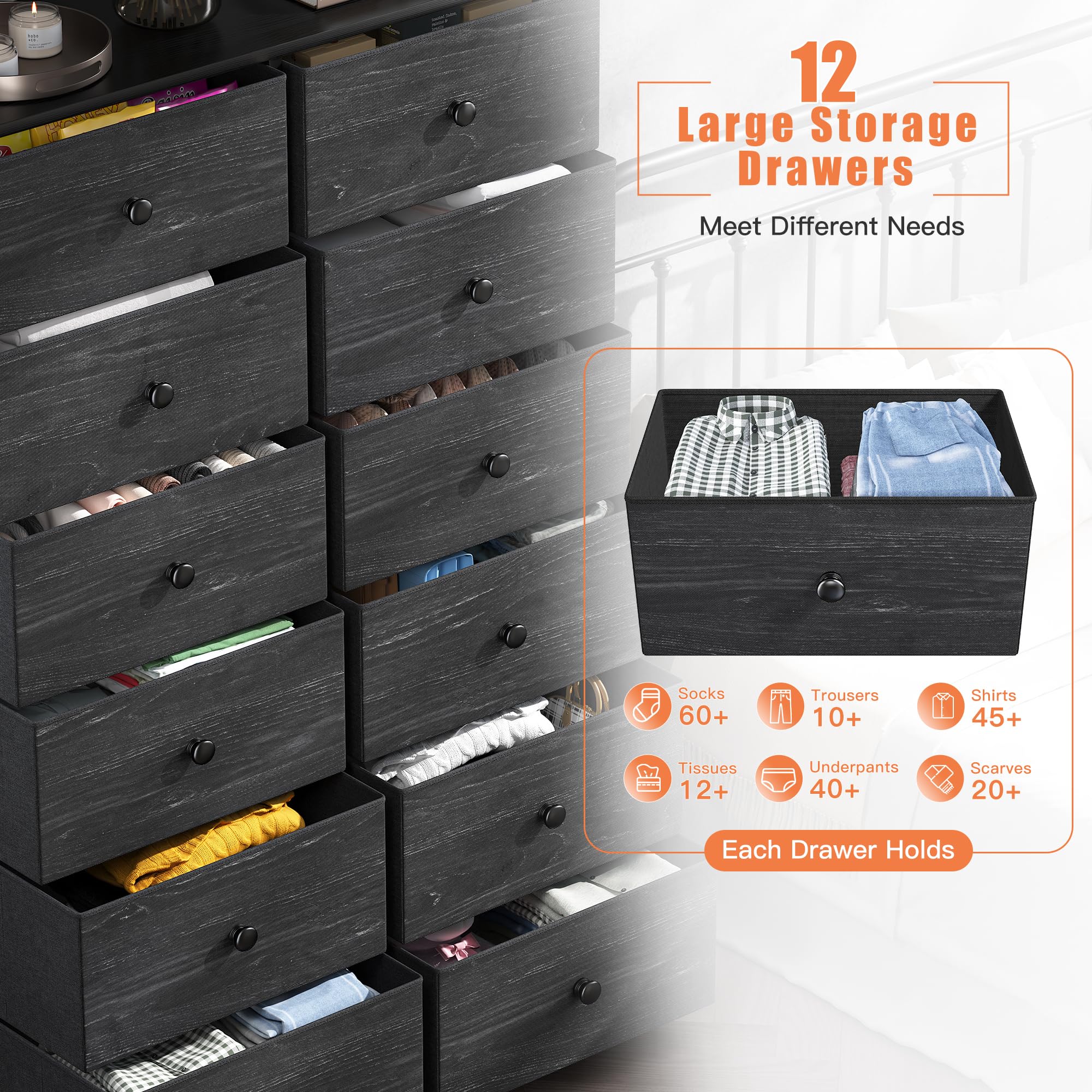 EnHomee 12-Drawer Tall Dresser for Bedroom - Black Fabric Dresser with Wood Top & Metal Frame - Perfect for Bedroom Storage and Organization