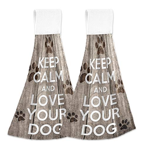 Keep Calm and Love Your Dog - 2 Pack Absorbent Kitchen Hand Towels with Paw Print Design & Hanging Loop - Soft Cotton Linen Towels for Kitchen, Bathroom, Home Decor - Perfect for Pet Lovers' Housewarming Gift