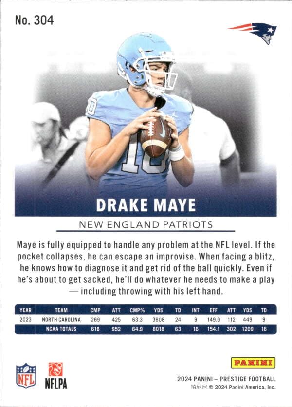 2024 Panini Prestige #304 Drake Maye Rookie Card - New England Patriots Official NFL Trading Card | Collectible Sports Memorabilia for Fans & Investors