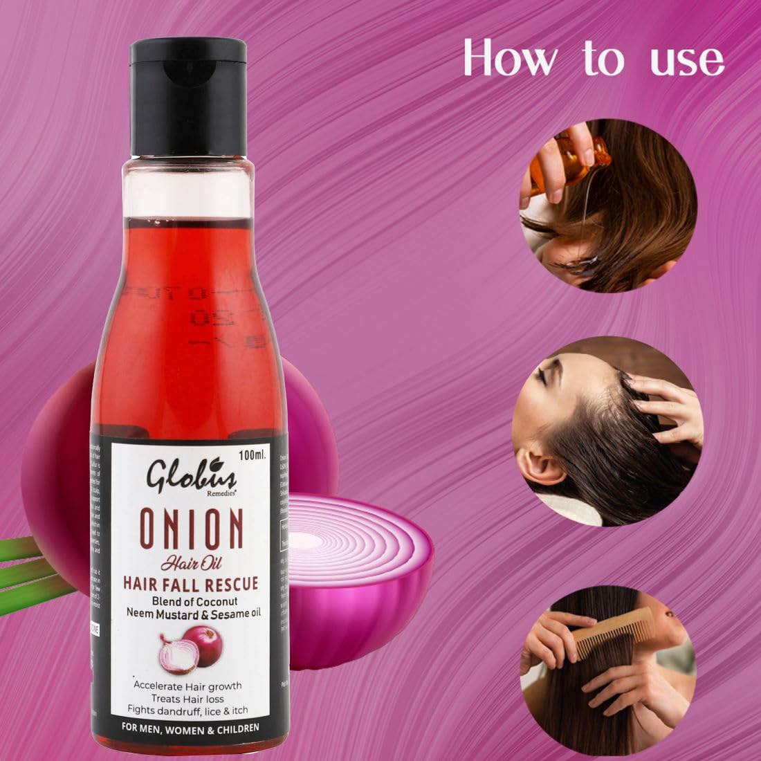 Globus Remedies Onion Hair Oil for Hair Growth & Fall Control - Anti Dandruff Treatment with Natural Shine & Strength Boost (100ml) - Perfect for Daily Hair Care & Scalp Nourishment