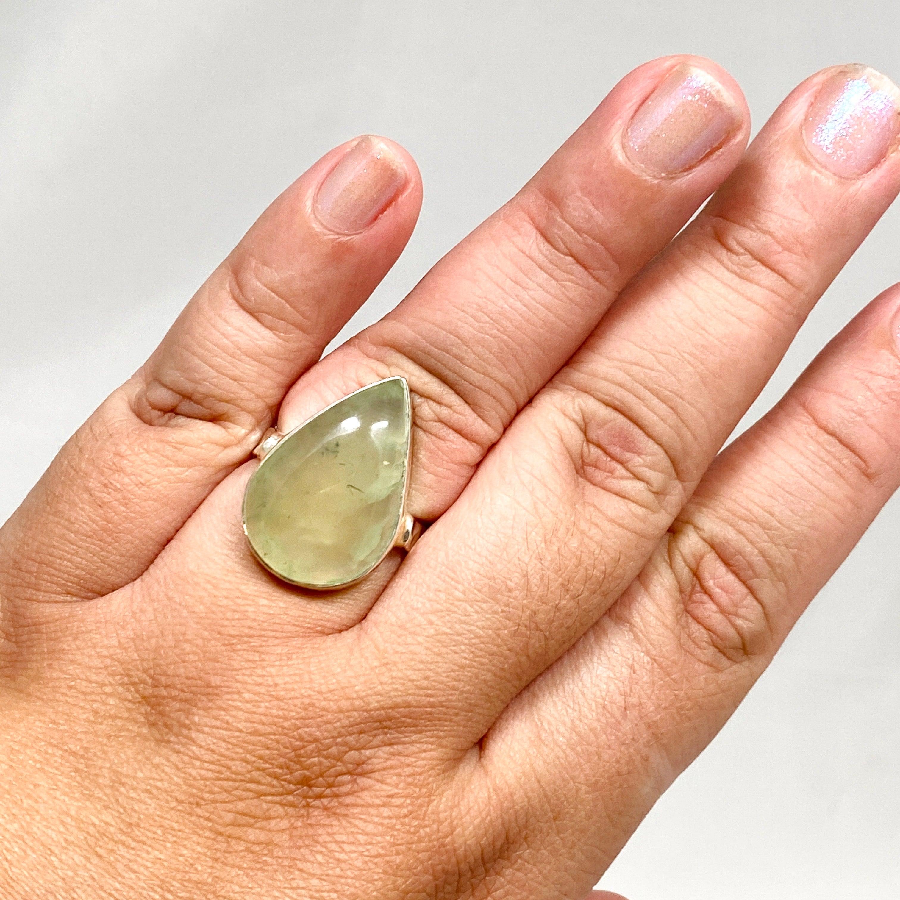 Prehnite Teardrop Hammered Band Ring - Size 10 - KRGJ3159 - Elegant Boho Jewelry for Women, Perfect for Weddings, Parties & Everyday Wear