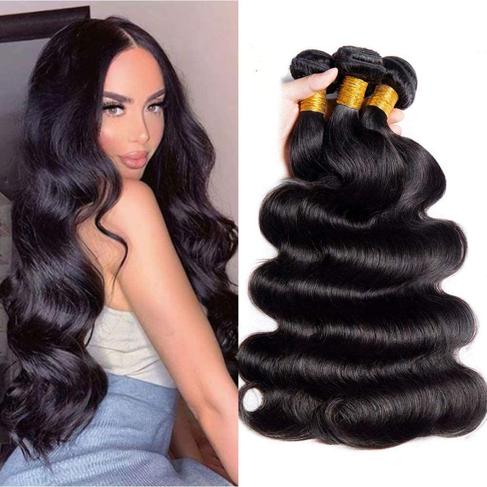 Aomllute 12A Brazilian Virgin Human Hair Bundles - 100% Unprocessed Body Wave Weave Extensions (18/20/22 Inch, 3 Bundles, Natural Black) for Stunning Hairstyles & Daily Wear