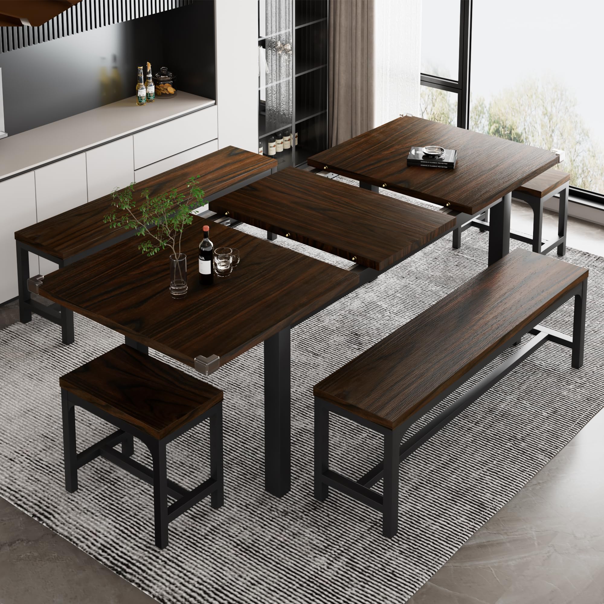 iPormis 5-Piece Extendable Dining Table Set for 4-8 People - Mid-Century Modern Kitchen Table with 2 Benches & 2 Square Stools, Space-Saving Design with Metal Frame & MDF Board in Espresso Finish - Perfect for Small Apartments, Breakfast Nooks, and Cozy Family Dinners