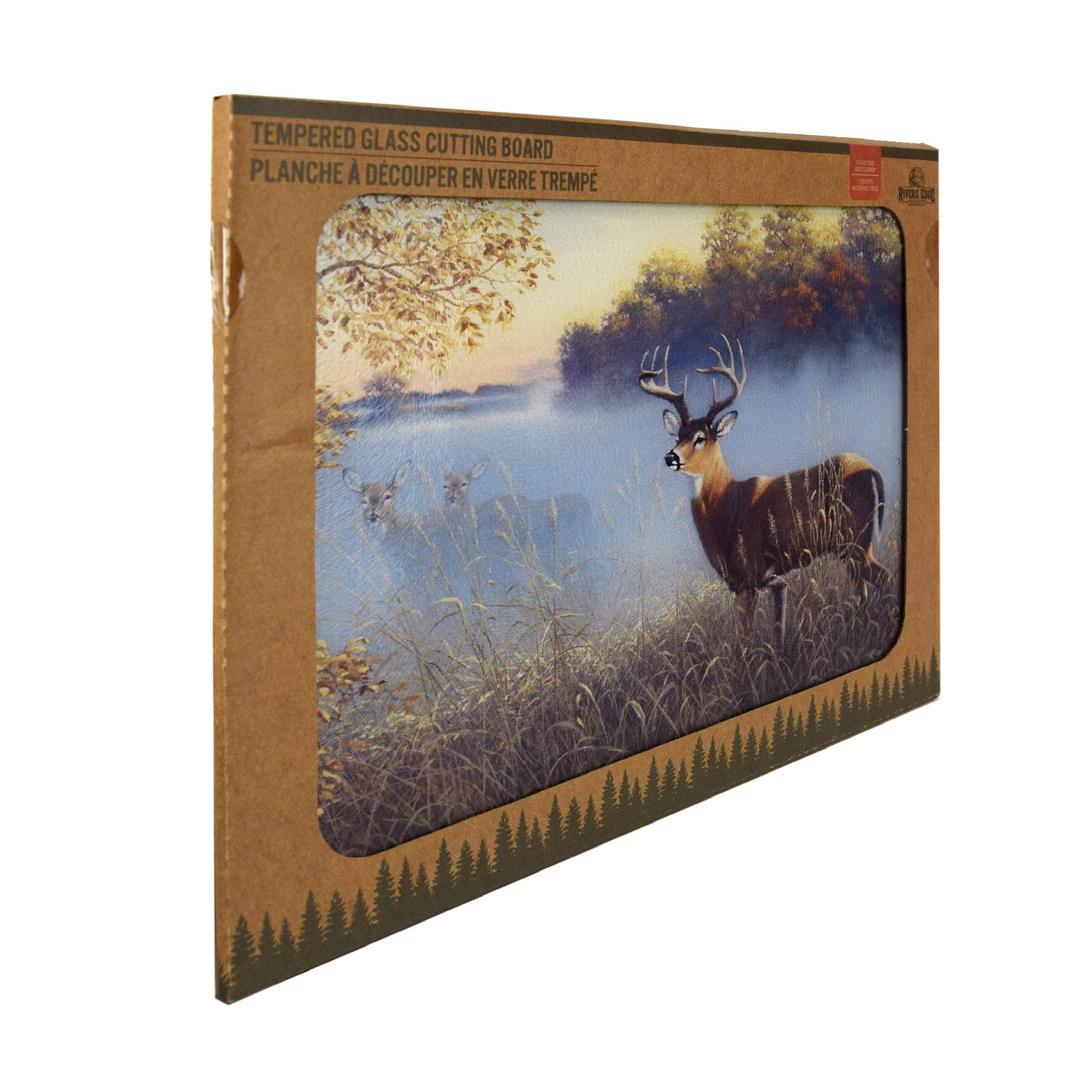 Rivers Edge Products 12x16 Inch Decorative Tempered Glass Cutting Board - Hypoallergenic Non-Slip Textured Surface Chopping Board for Kitchen - White Tail Deer Morning Fog Design - Perfect for Meal Prep, Charcuterie & Holiday Entertaining