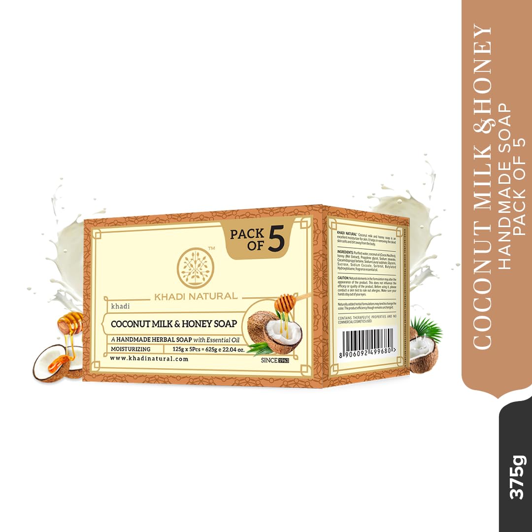 Khadi Natural Herbal Coconut Milk & Honey Soap for Glowing Skin - Long Lasting Hydration, All Skin Types - 5x125g (Pack of 5) | Perfect for Daily Skincare Routine, Spa Day & Gift Sets