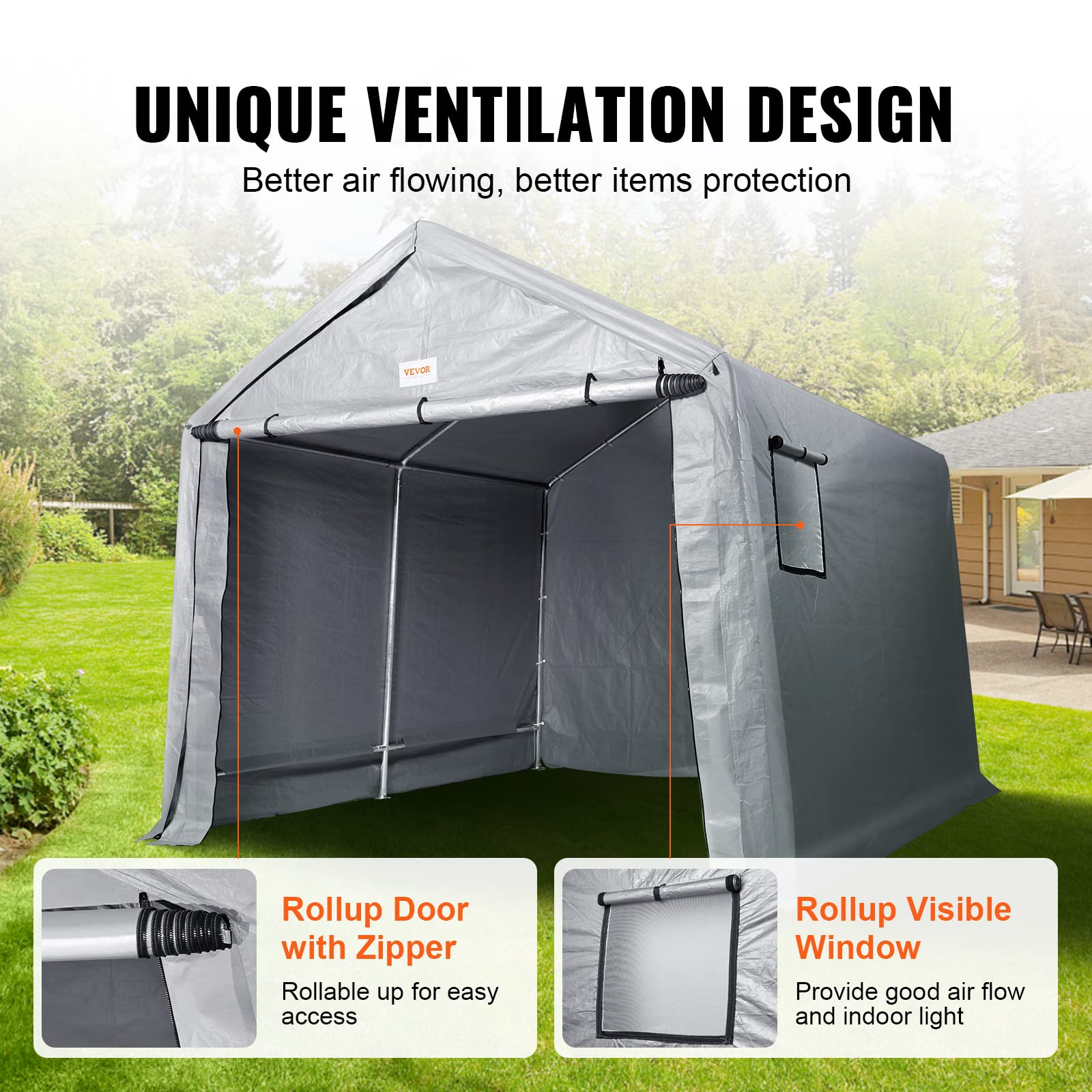 VEVOR 10x10x8.5 ft Heavy Duty Portable Storage Shed Tent - Waterproof Outdoor Shelter with Roll-up Zipper Door & Ventilation for Motorcycle, Bike, Garden Tools - Perfect for Backyard, Patio, and Garage Storage