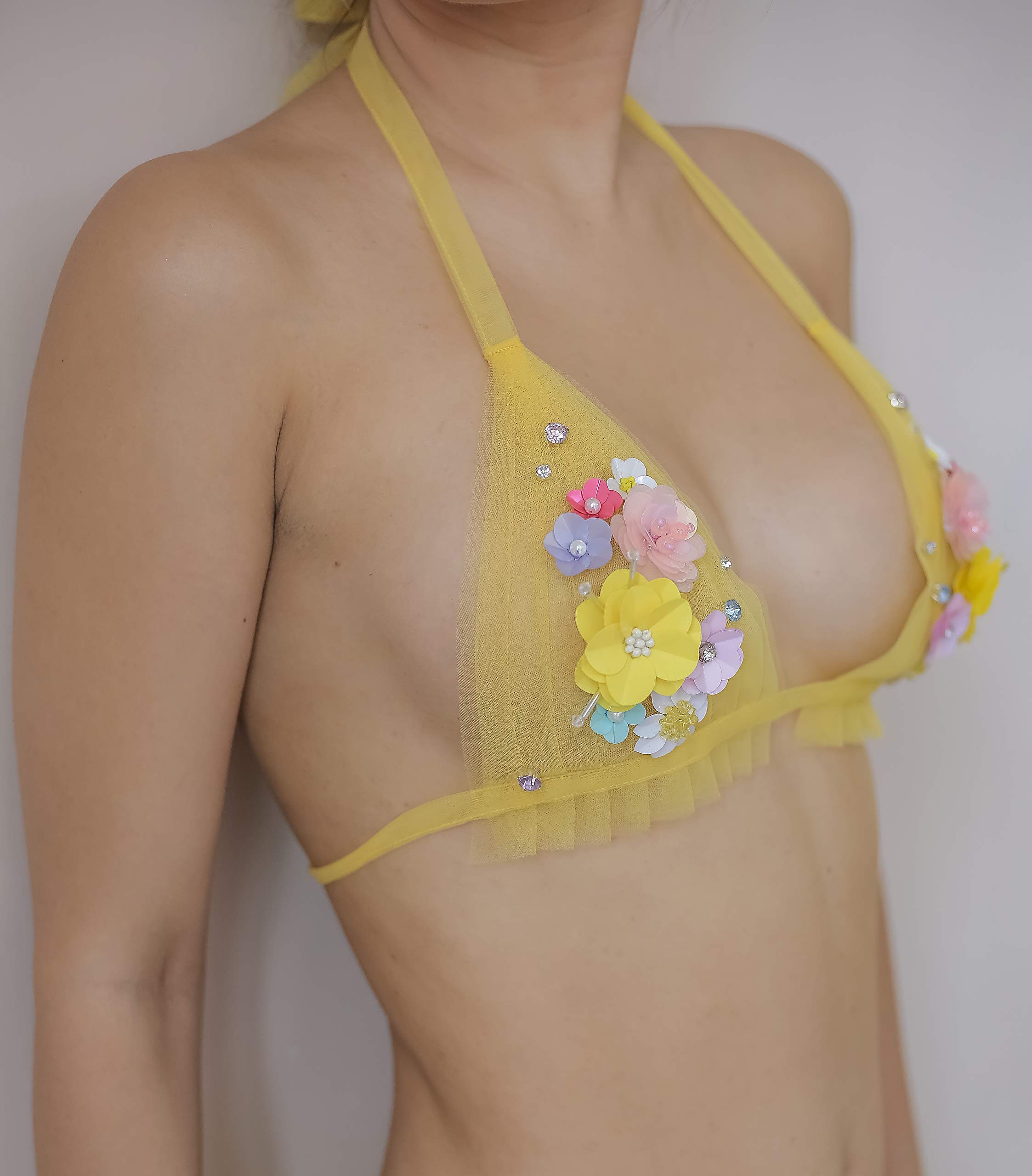 Buttercups Blooming Tulle Lingerie Set - Sheer Bridal Lingerie with 3D Flower Details | Sexy Floral Bra & Panty Set in Yellow | Perfect for Boudoir Photoshoot, Honeymoon Nightwear & Festival Outfits