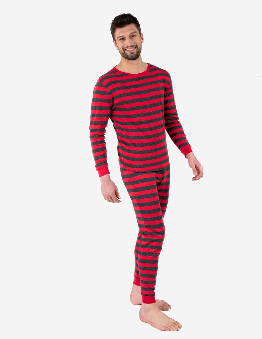 Men's Red and Grey Striped Pajama Set - Soft Cotton Sleepwear for Lounge & Comfort - Perfect for Relaxing at Home, Sleepovers and Cozy Nights