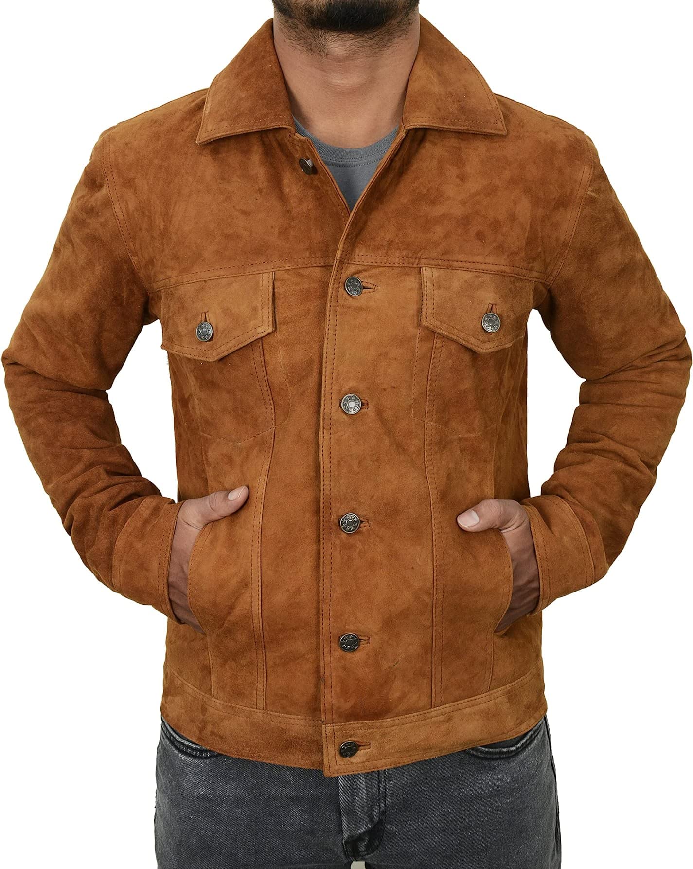 Genuine Suede Leather Jacket for Men - Slim Fit Classic Trucker Coat in Camel Brown (XS) | III-1001 | Perfect for Casual Outings, Date Nights & Motorcycle Rides