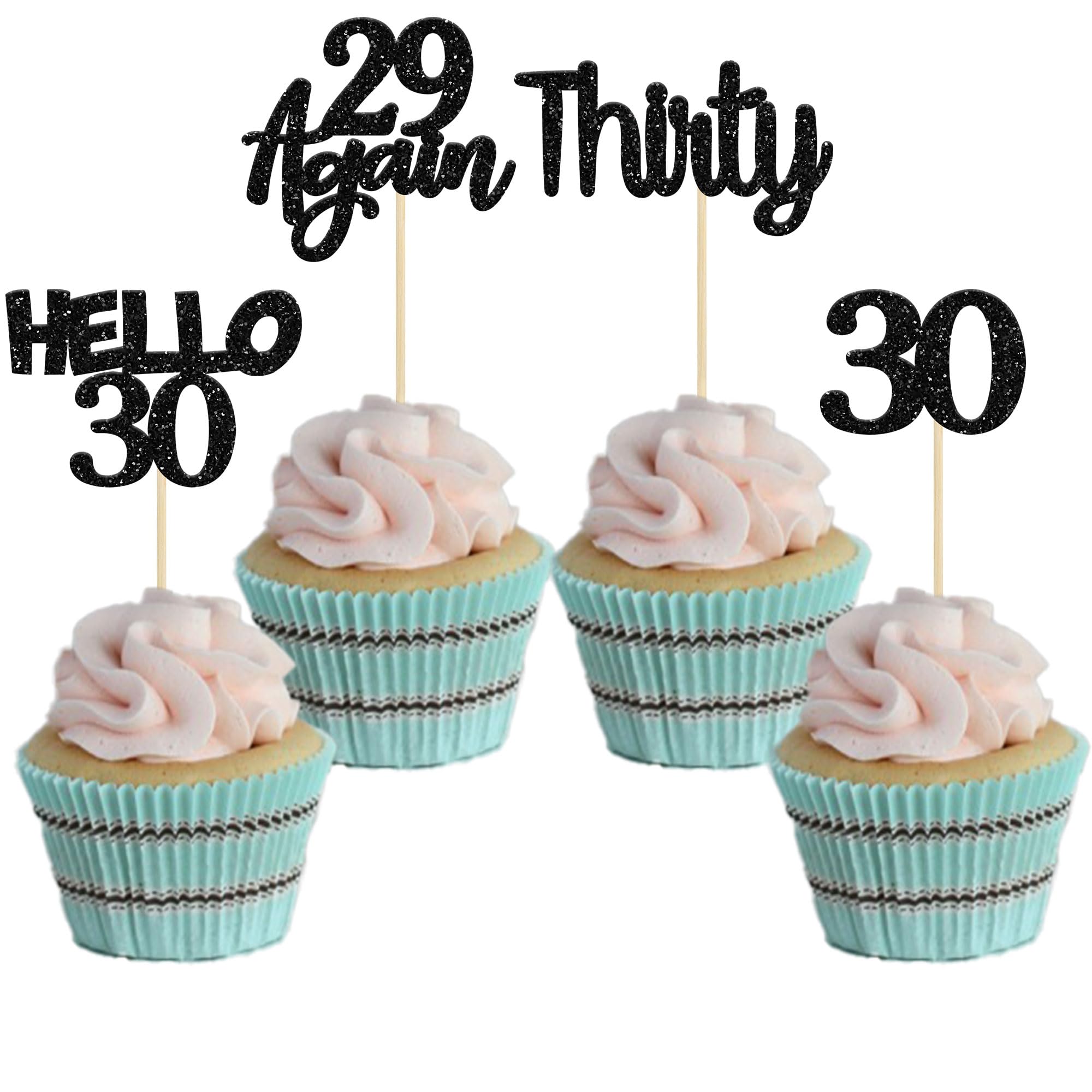 24Pcs Black Glitter 30th Birthday Cupcake Toppers - Hello 30 Cake Decorations - Again 29 Thirty Cupcake Picks for 30th Birthday Party Supplies - Perfect for Milestone Celebrations, Anniversary Cakes & Dessert Table Decor