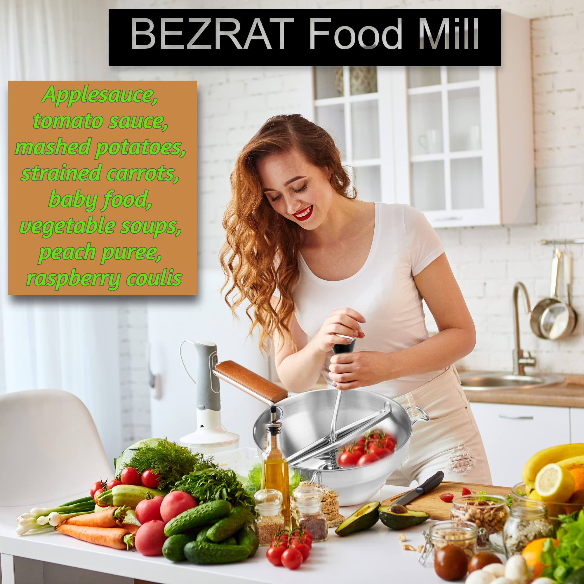 3-in-1 Stainless Steel Food Mill with 3 Grinding Discs & Mixing Bowl - Hand Crank Grain Mill for Mashing Potatoes, Straining Fruits & Grating Vegetables - Perfect for Baby Food, Purees & Homemade Sauces - Ideal for Kitchens, Restaurants & Food Preparation