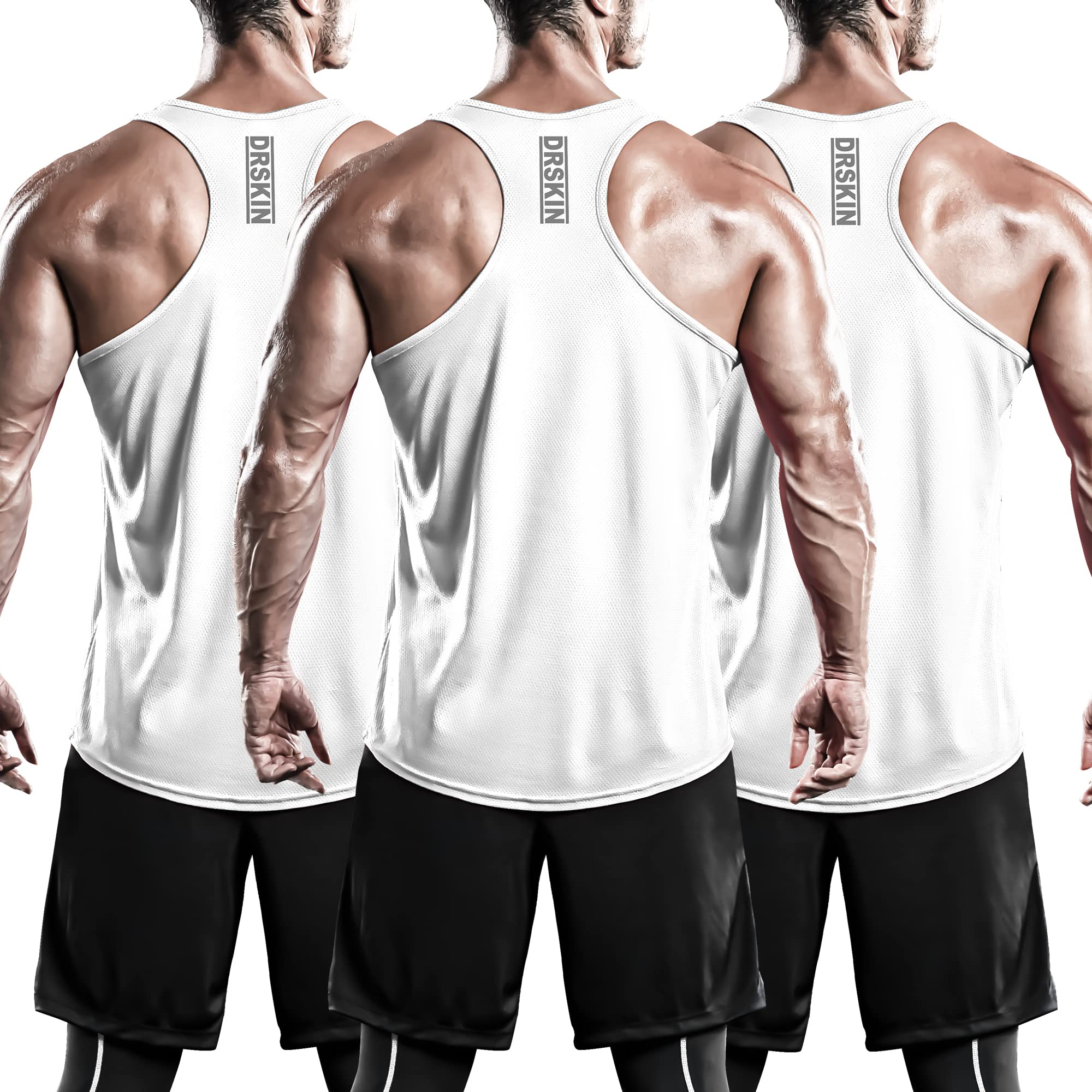 DRSKIN Men's 3 Pack Moisture Wicking Y-Back Muscle Tank Tops - Breathable Mesh Sleeveless Gym Shirts for Bodybuilding, Weightlifting & CrossFit Training - Ideal for Workouts, Running & Summer Sports