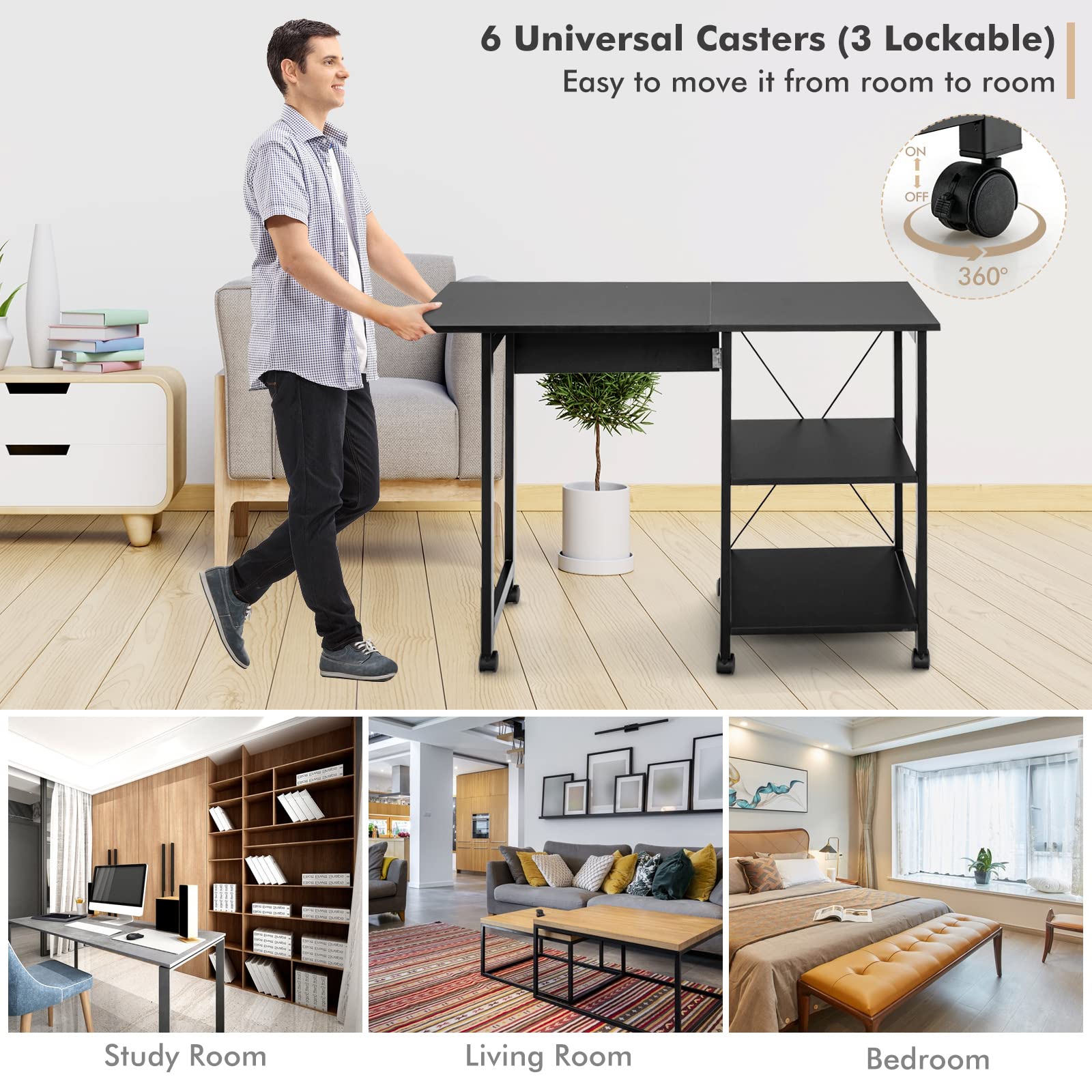 Tangkula Folding Computer Desk with 2-Tier Storage Shelves - Modern Mobile Laptop Workstation with 6 Wheels, Space Saving Home Office Desk for Small Spaces & Apartments (Black) - Perfect for Remote Work, Study & Compact Living Areas